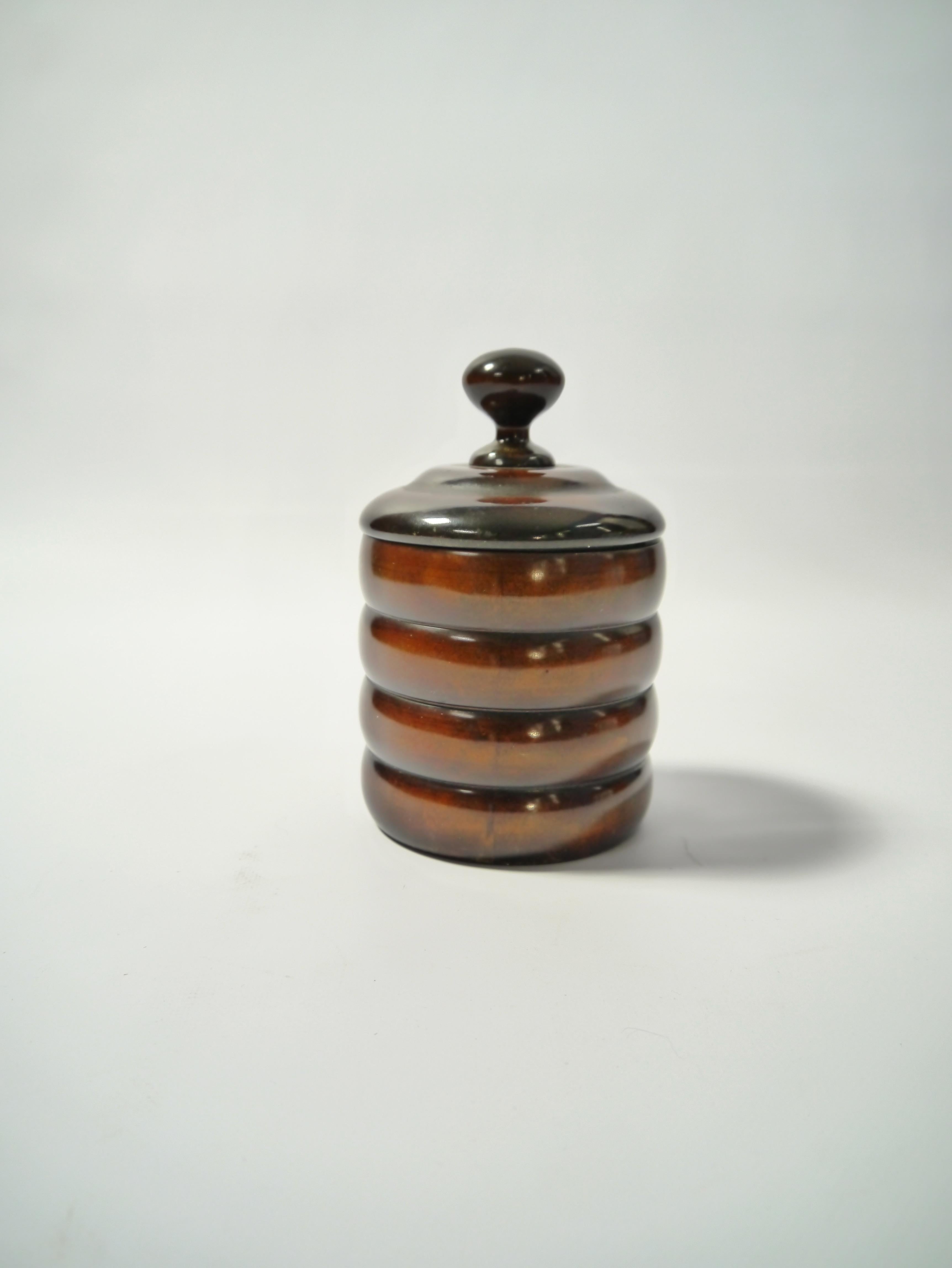 Art Deco birch tobacco jar, hand polished shellac finish. Pewter jar inside box and lid.