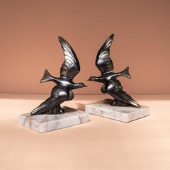 Art Deco Bird Bookends in Silver Metal and Marble, France, 1930s