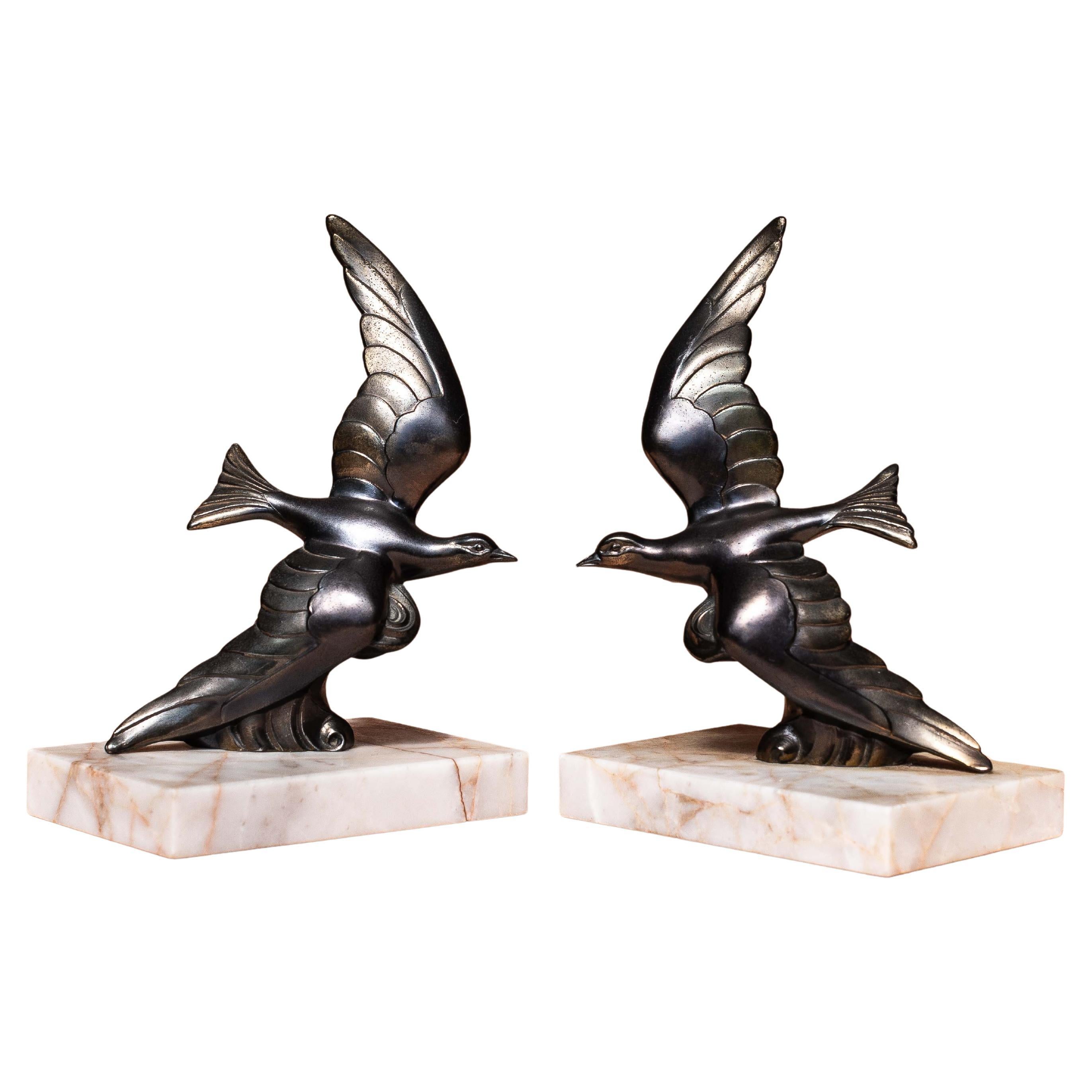 Art Deco Bird Bookends in Silver Metal and Marble, France, 1930s