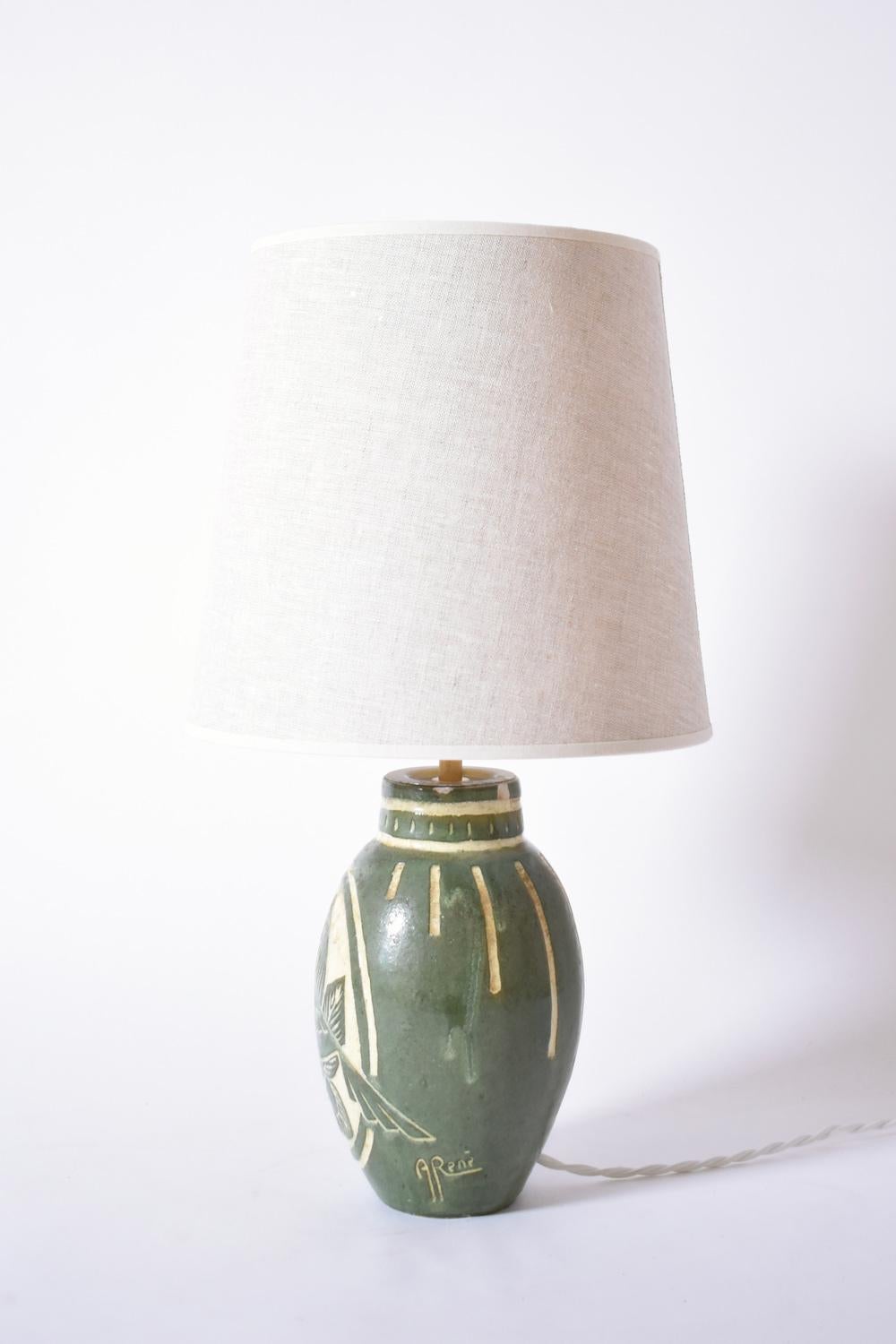 French Art Deco bird ceramic lamp, 1930s For Sale