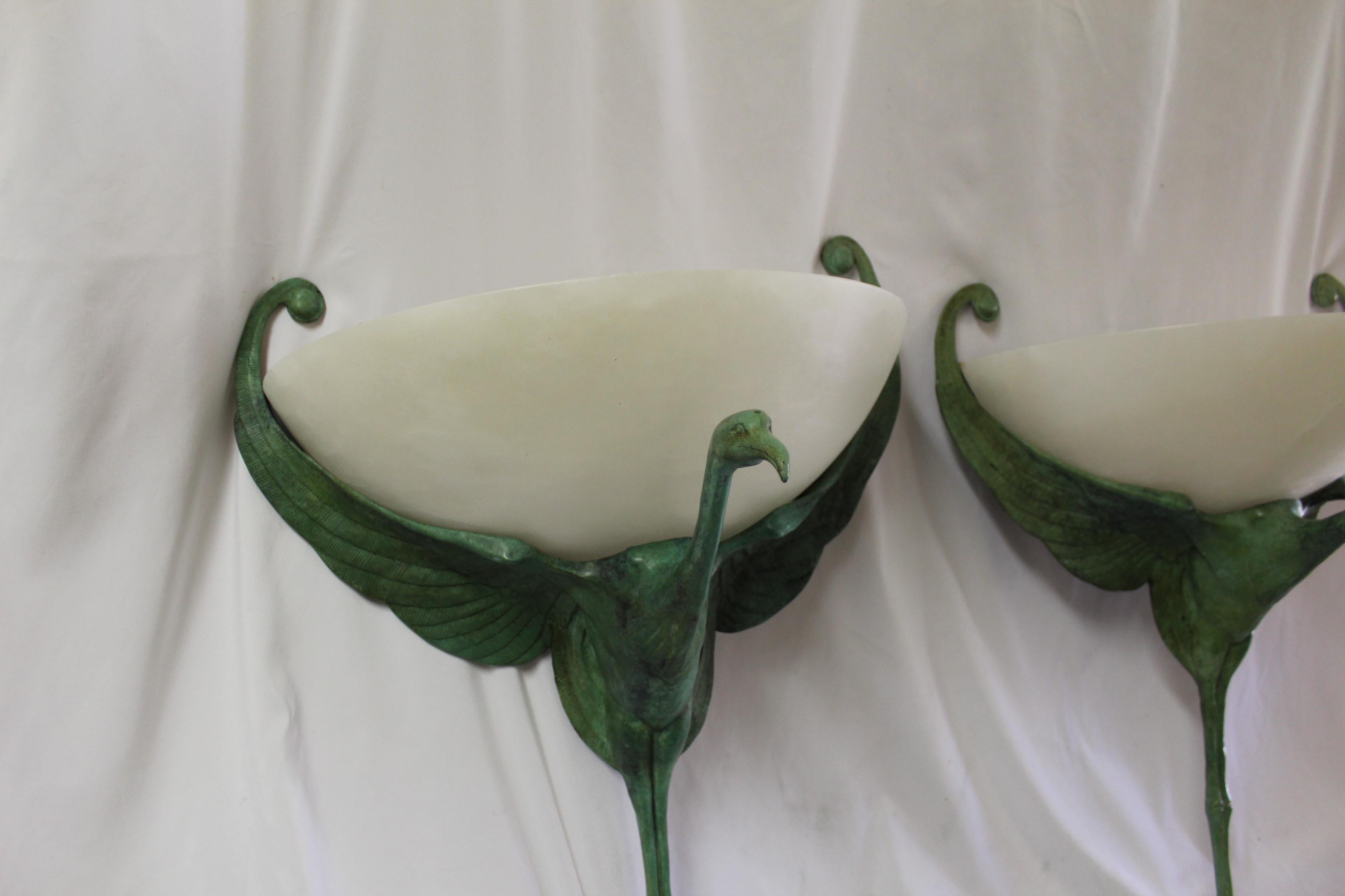 Late 20th Century Art Deco Bird Sconces Alabaster and( Bronze) Style of Albert Cheuret