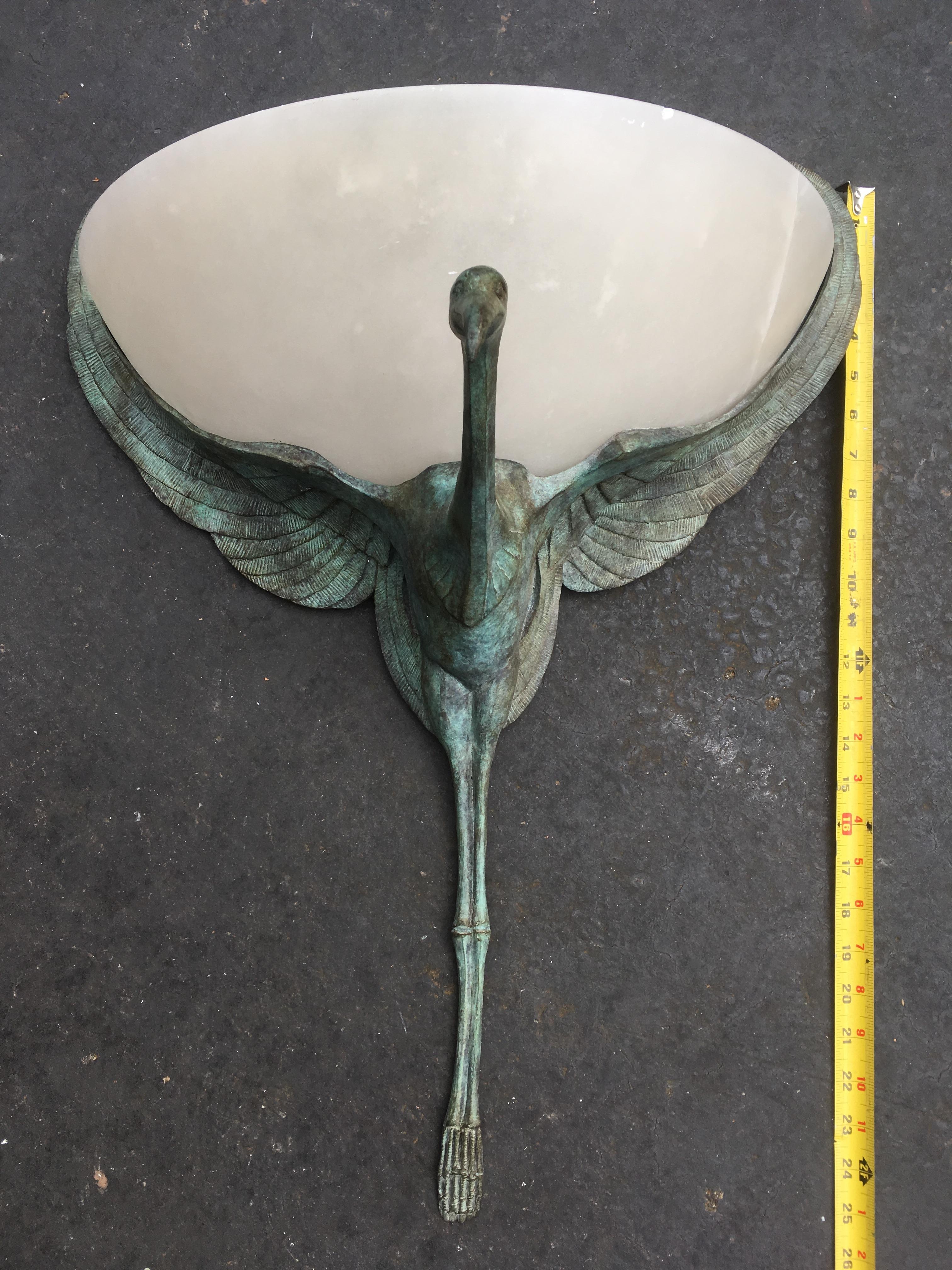 20th Century Art Deco Bird Sconces Alabaster and Cast Bronze Style of Albert Cheuret