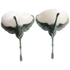 Art Deco Bird Sconces Alabaster and Cast Bronze Style of Albert Cheuret