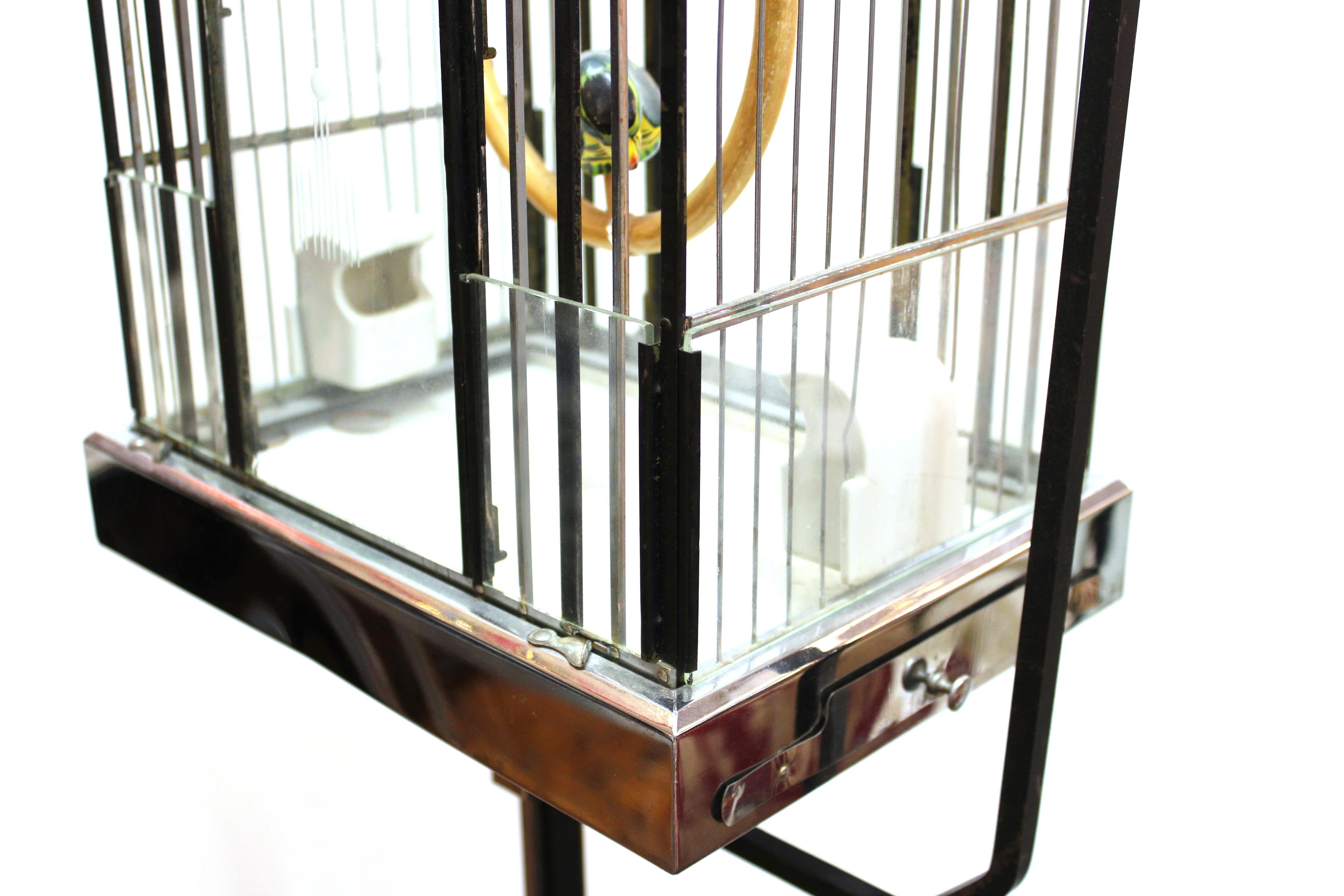 Metal Art Deco Birdcage with Glass and Chrome Accents
