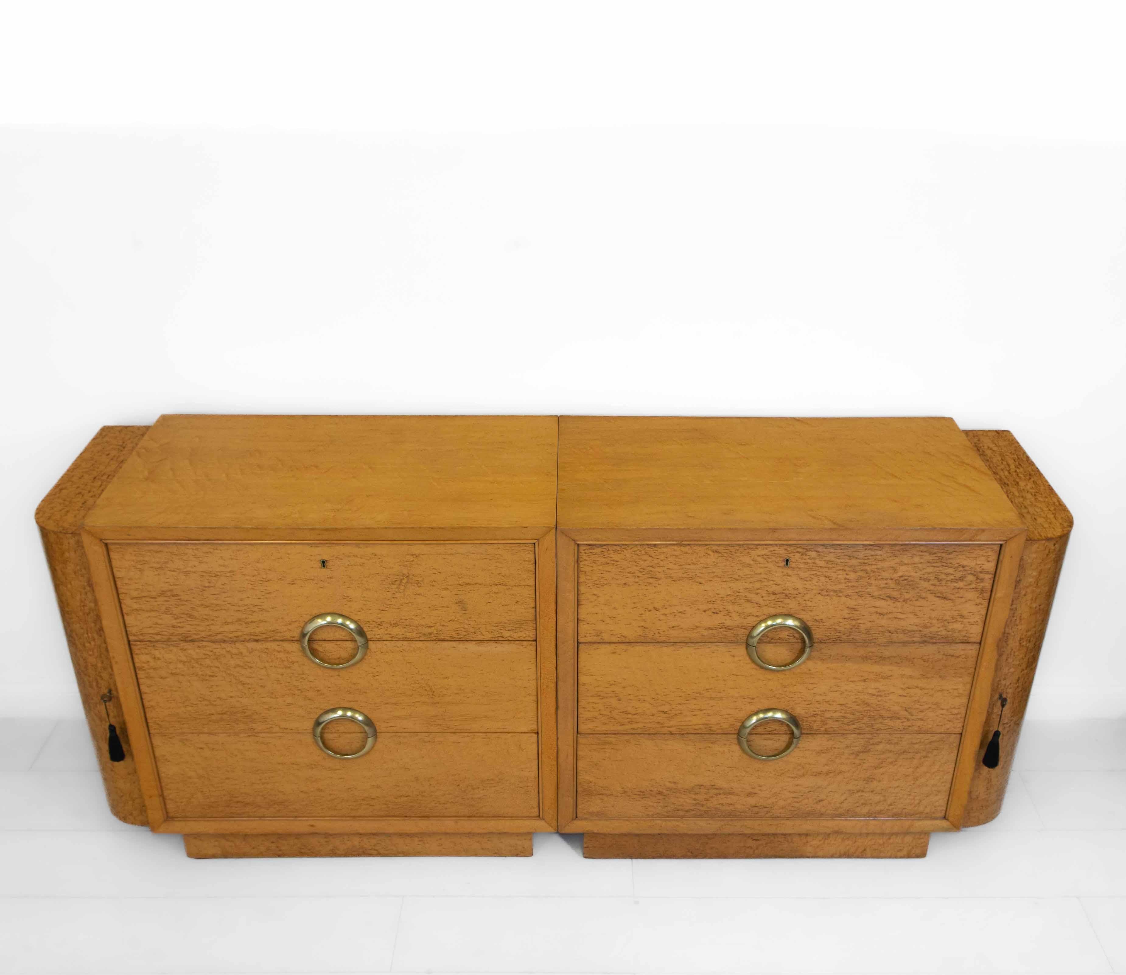 Art Deco Bird’S-Eye & Brass Sideboard Modular Pair of Chests In Good Condition In Norwich, GB