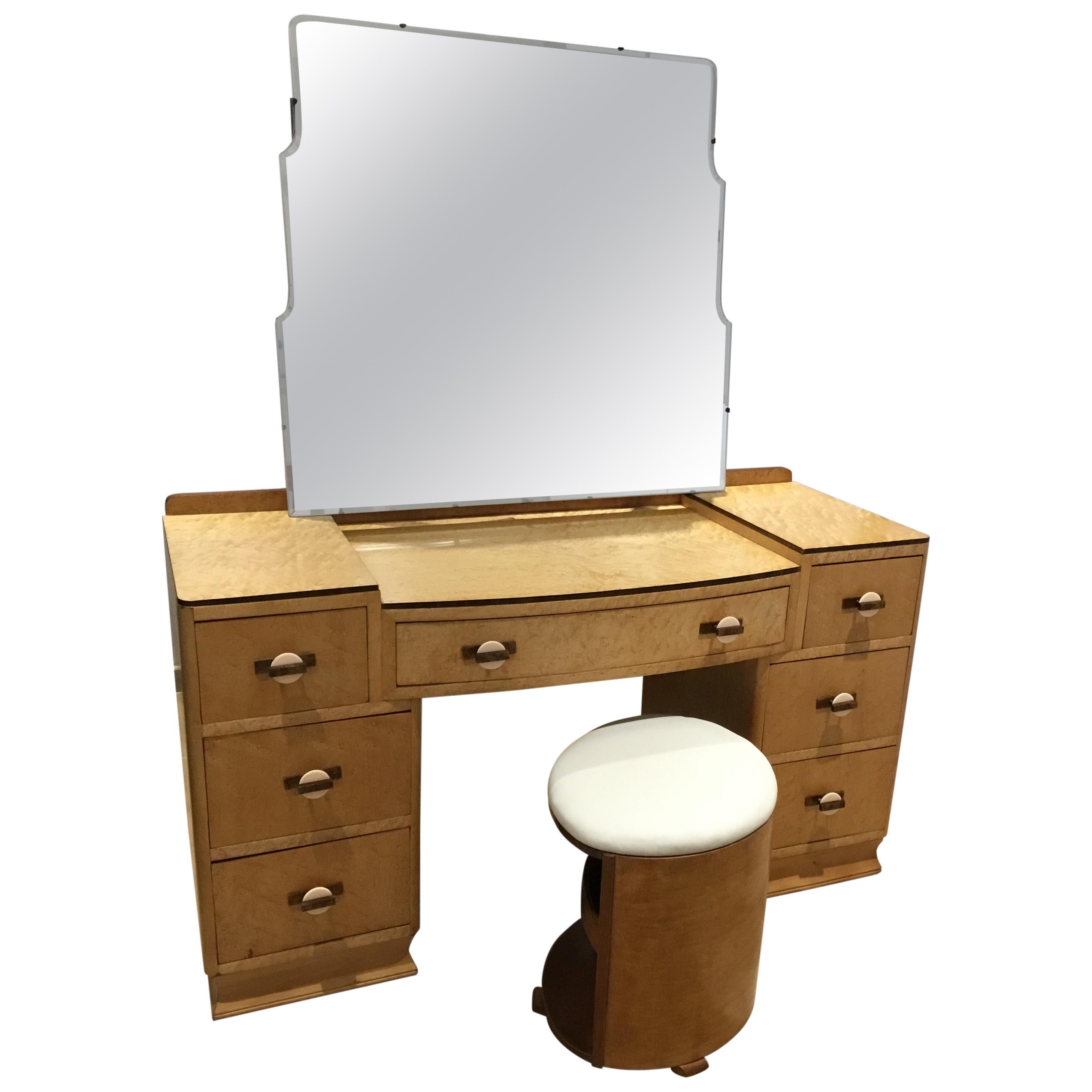 Art Deco Bird's-Eye Maple and Walnut Banding Dressing Table and Stool For Sale