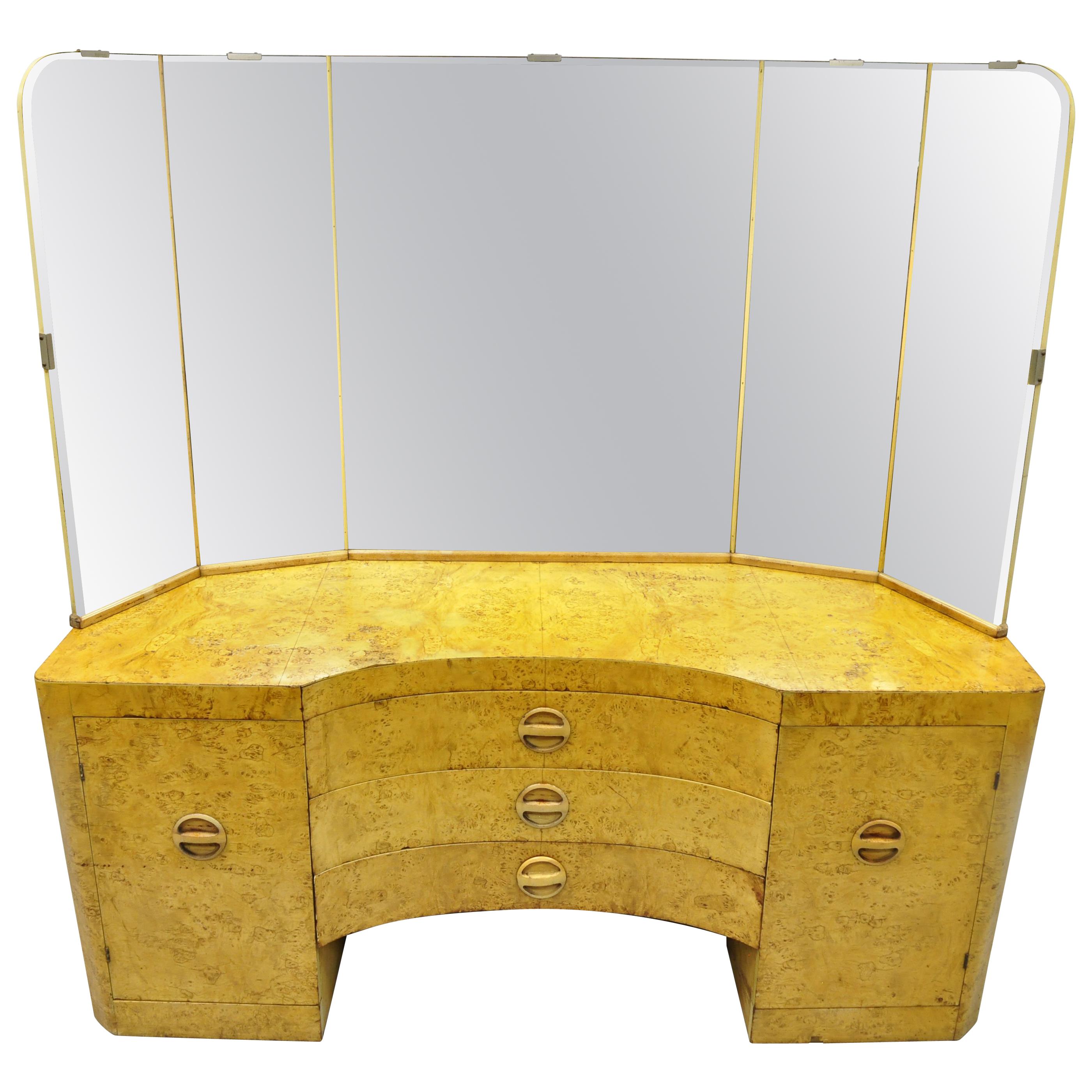 Art Deco Bird's-Eye Maple Vanity Table 5-Panel Mirror after Gilbert Rohde