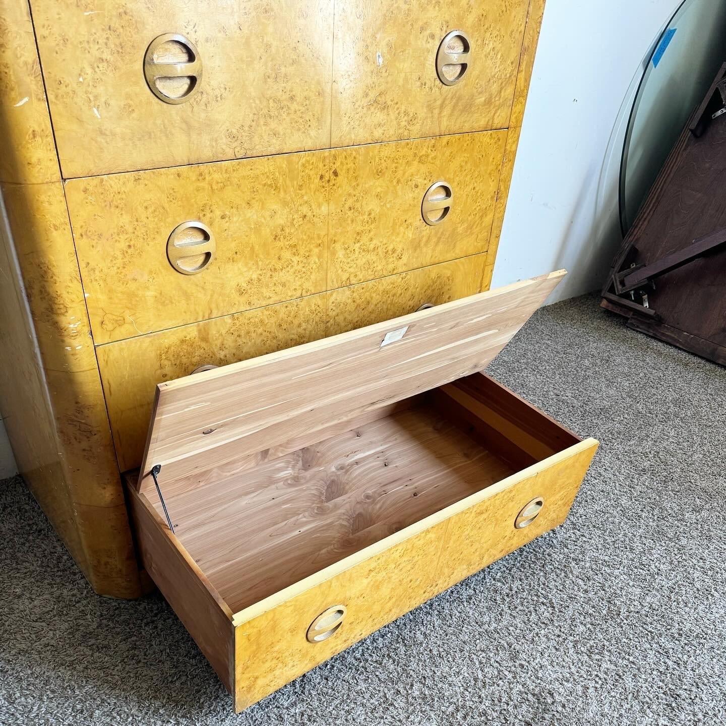 Art Deco Birds Eye Maple Veneer Highboy With Cedar Storage in Bottom Drawer In Good Condition For Sale In Delray Beach, FL