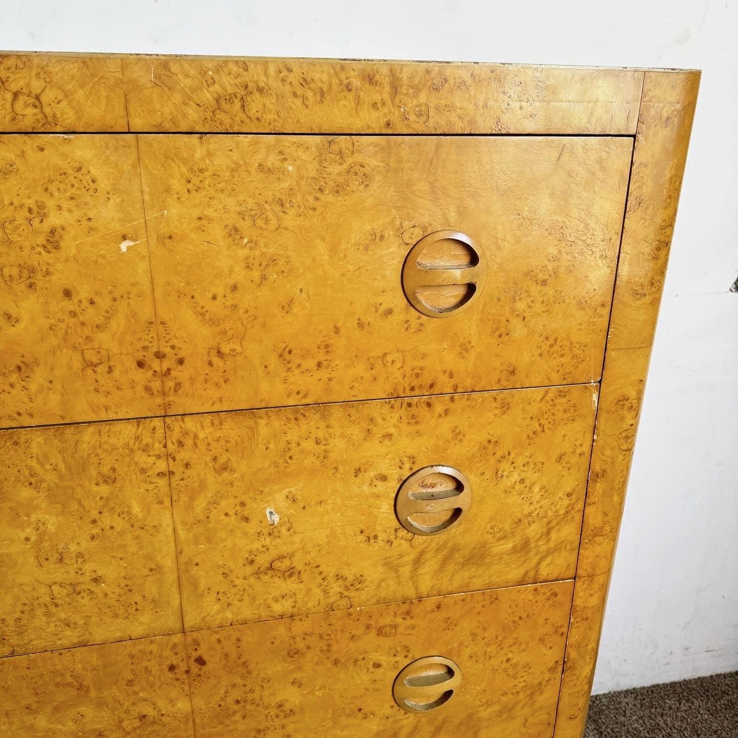 Mid-20th Century Art Deco Birds Eye Maple Veneer Highboy With Cedar Storage in Bottom Drawer For Sale