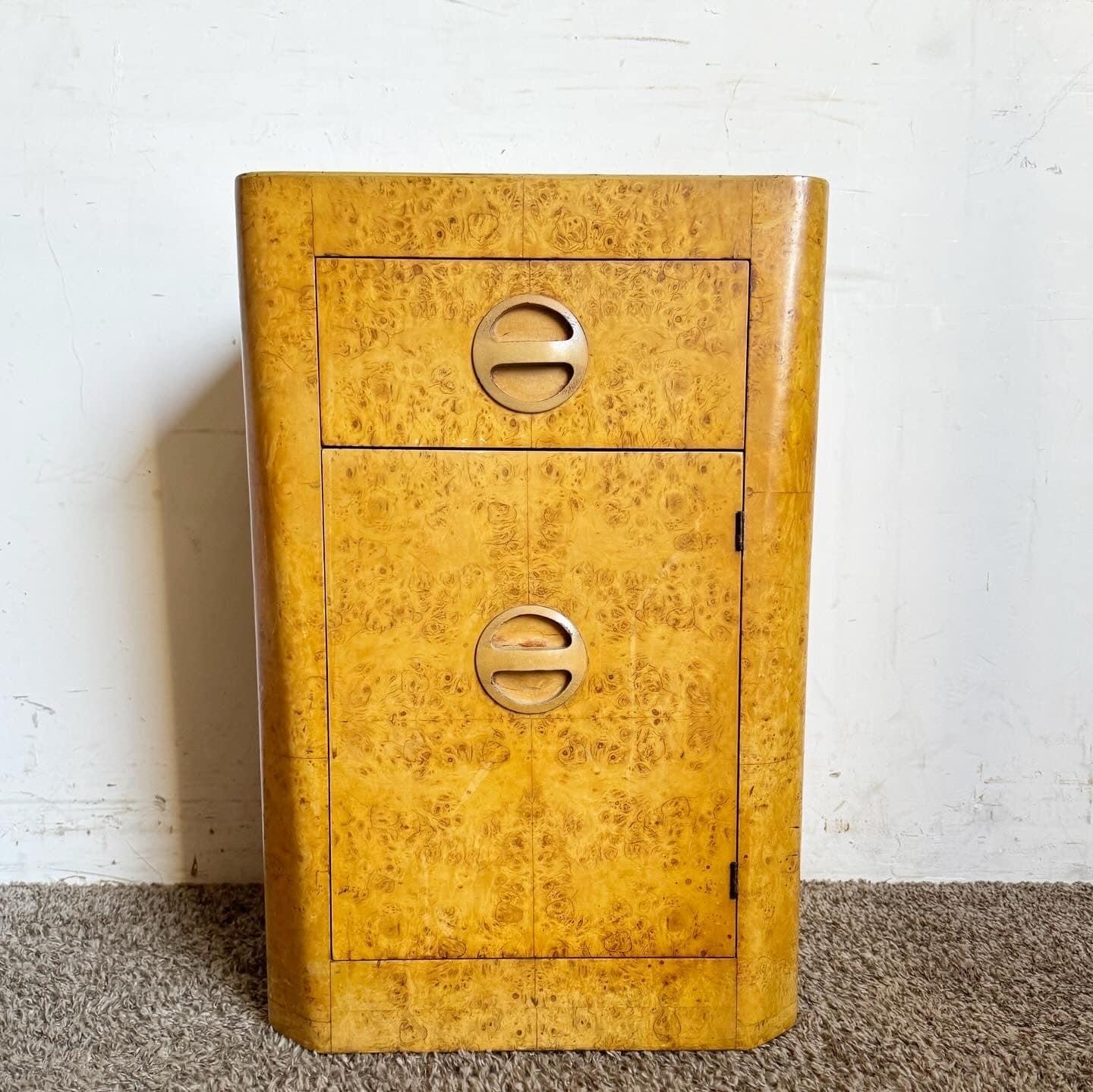 Add a touch of elegance to your space with this Art Deco Bird's Eye Maple Veneer Nightstand/End/Side Table. Crafted from luxurious bird's eye maple veneer, this piece showcases a sleek design with a single drawer for storage. Perfect for use as a