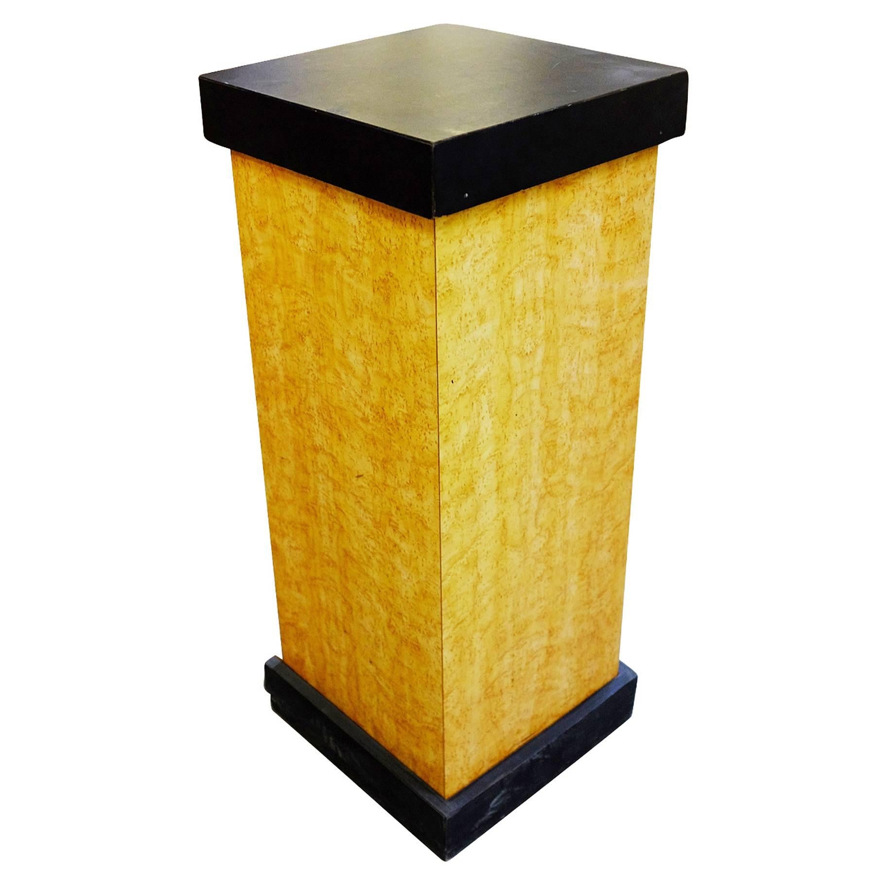 Modernist Art Deco bird's-eye maple Formica pedestal with black painted top.