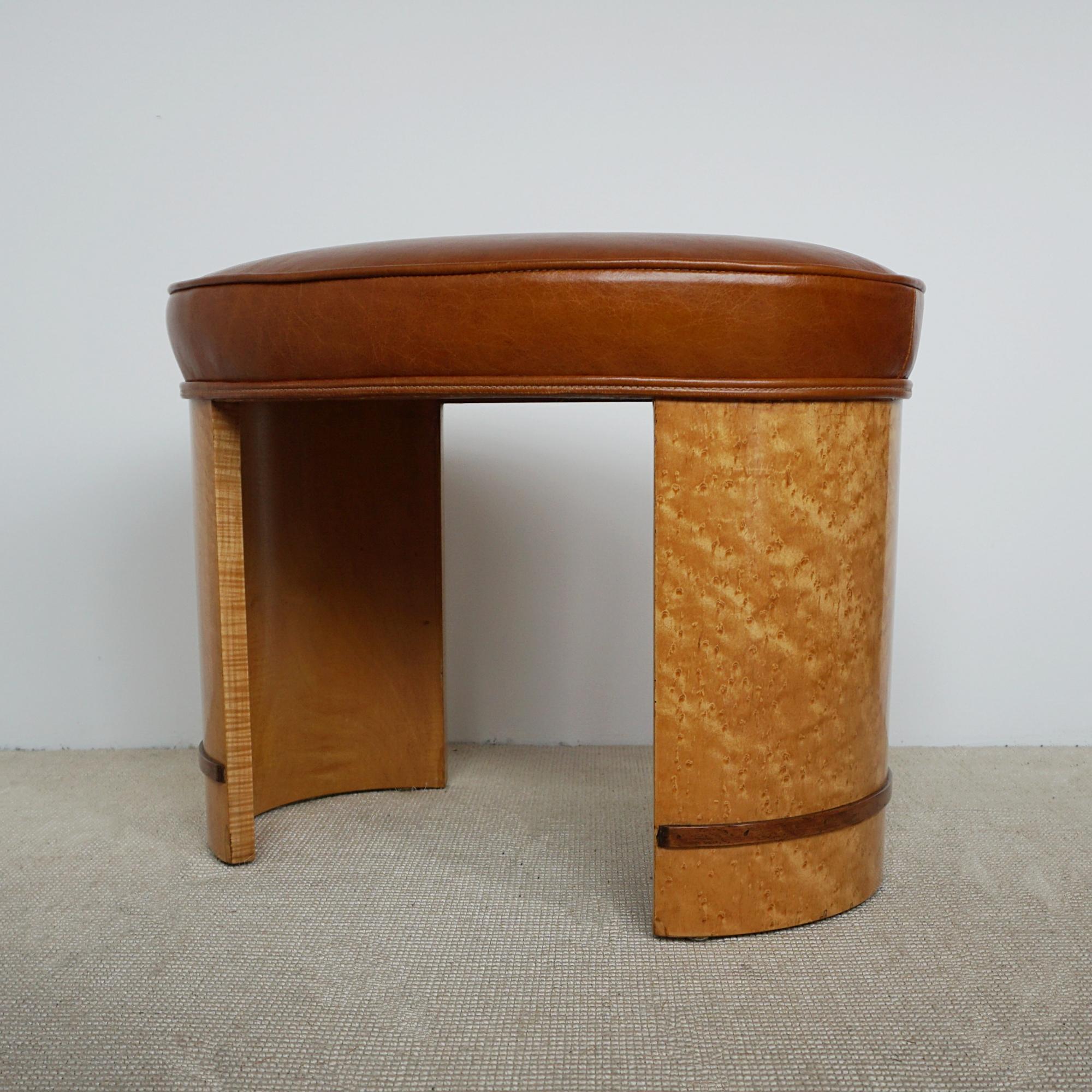 English Art Deco Birdseye Maple Veneered Stool With Brown Leather Re-upholstery