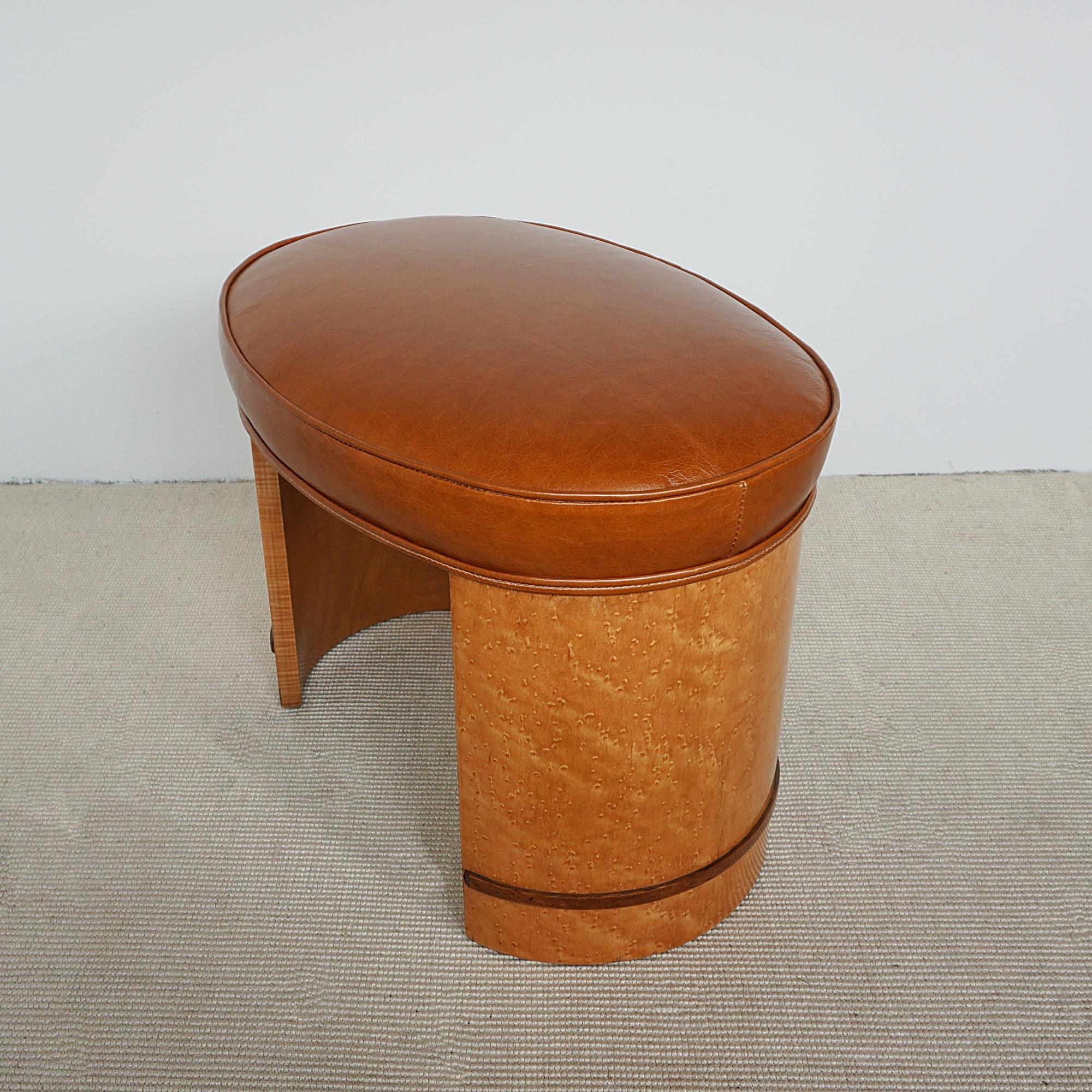 Early 20th Century Art Deco Birdseye Maple Veneered Stool With Brown Leather Re-upholstery For Sale