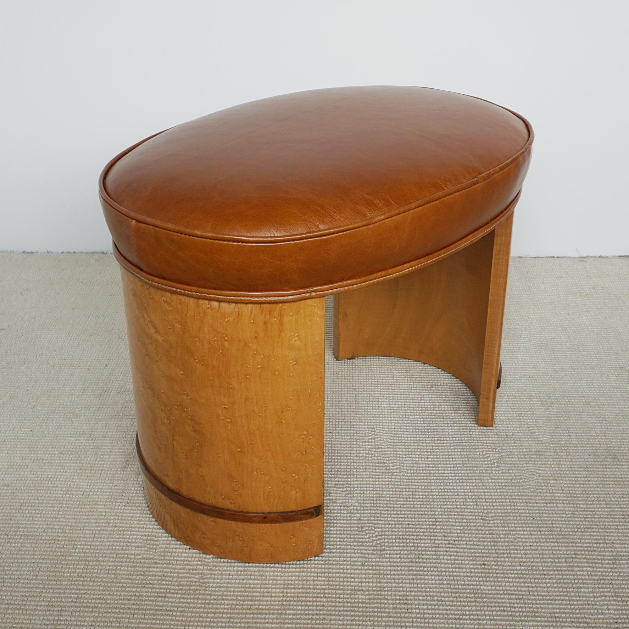 Art Deco Birdseye Maple Veneered Stool With Brown Leather Re-upholstery 1