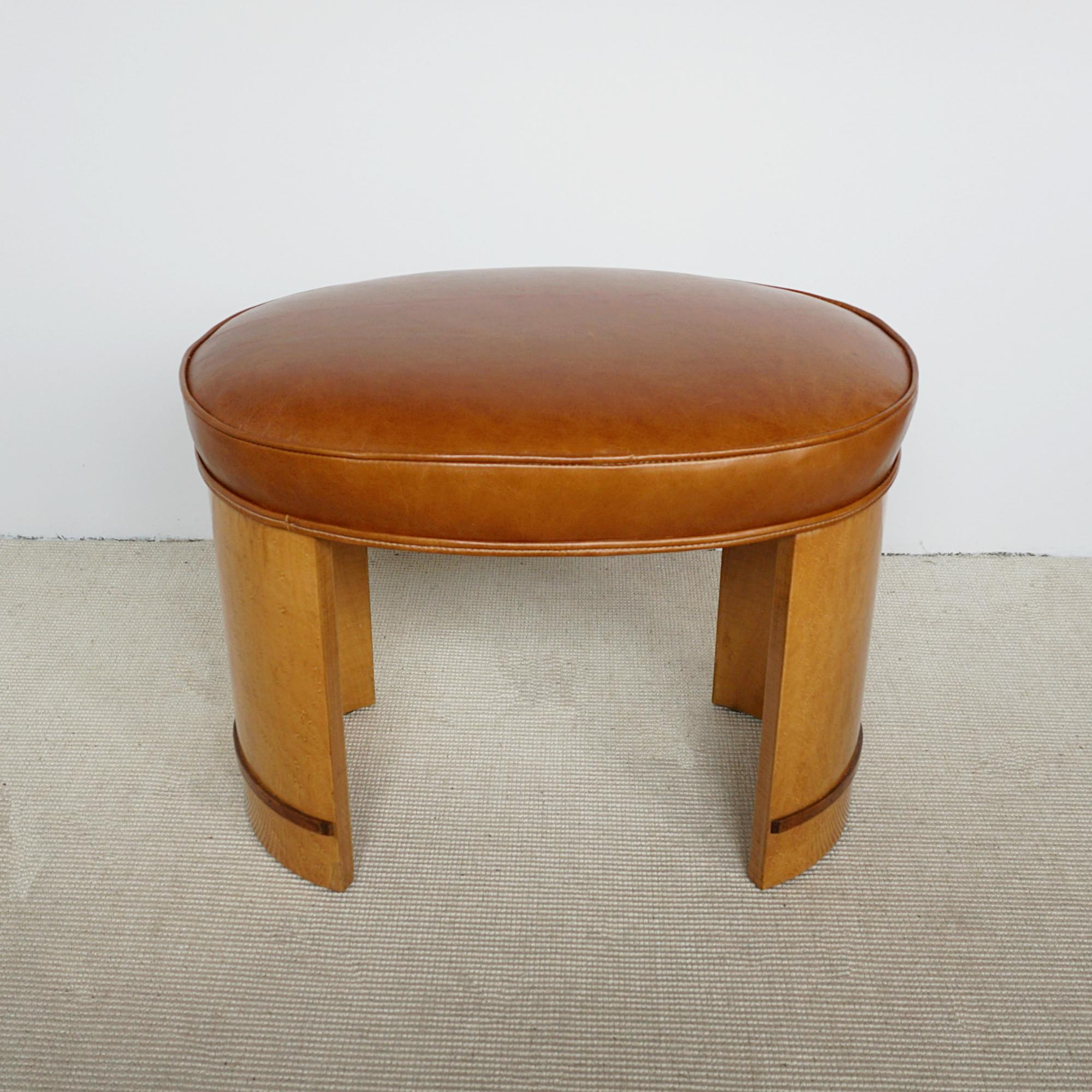 Art Deco Birdseye Maple Veneered Stool With Brown Leather Re-upholstery For Sale 2