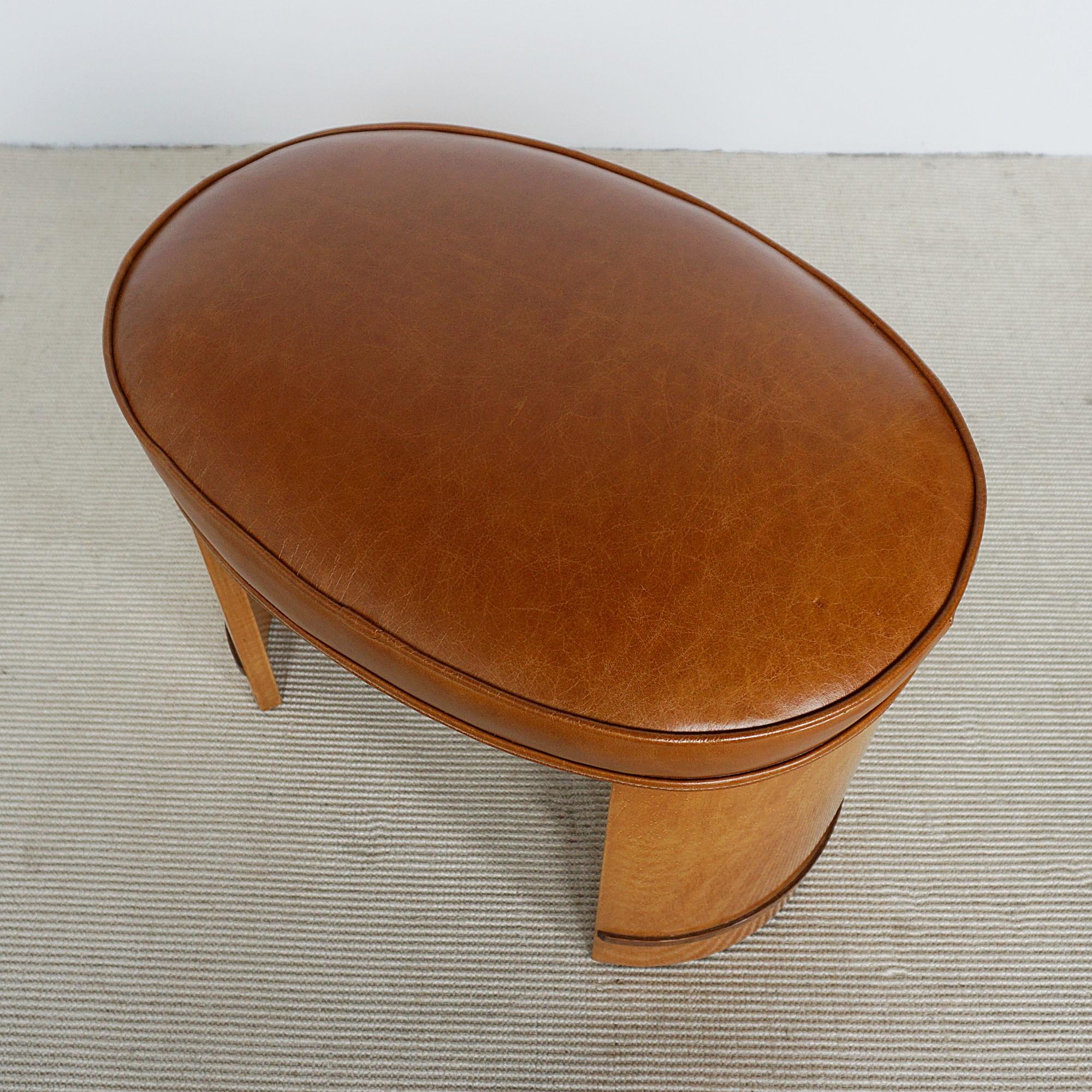 Art Deco Birdseye Maple Veneered Stool With Brown Leather Re-upholstery 4