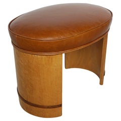 Antique Art Deco Birdseye Maple Veneered Stool With Brown Leather Re-upholstery