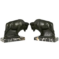 Art Deco bison bookends by Max Le Verrier original 1930 on Portor marble base.