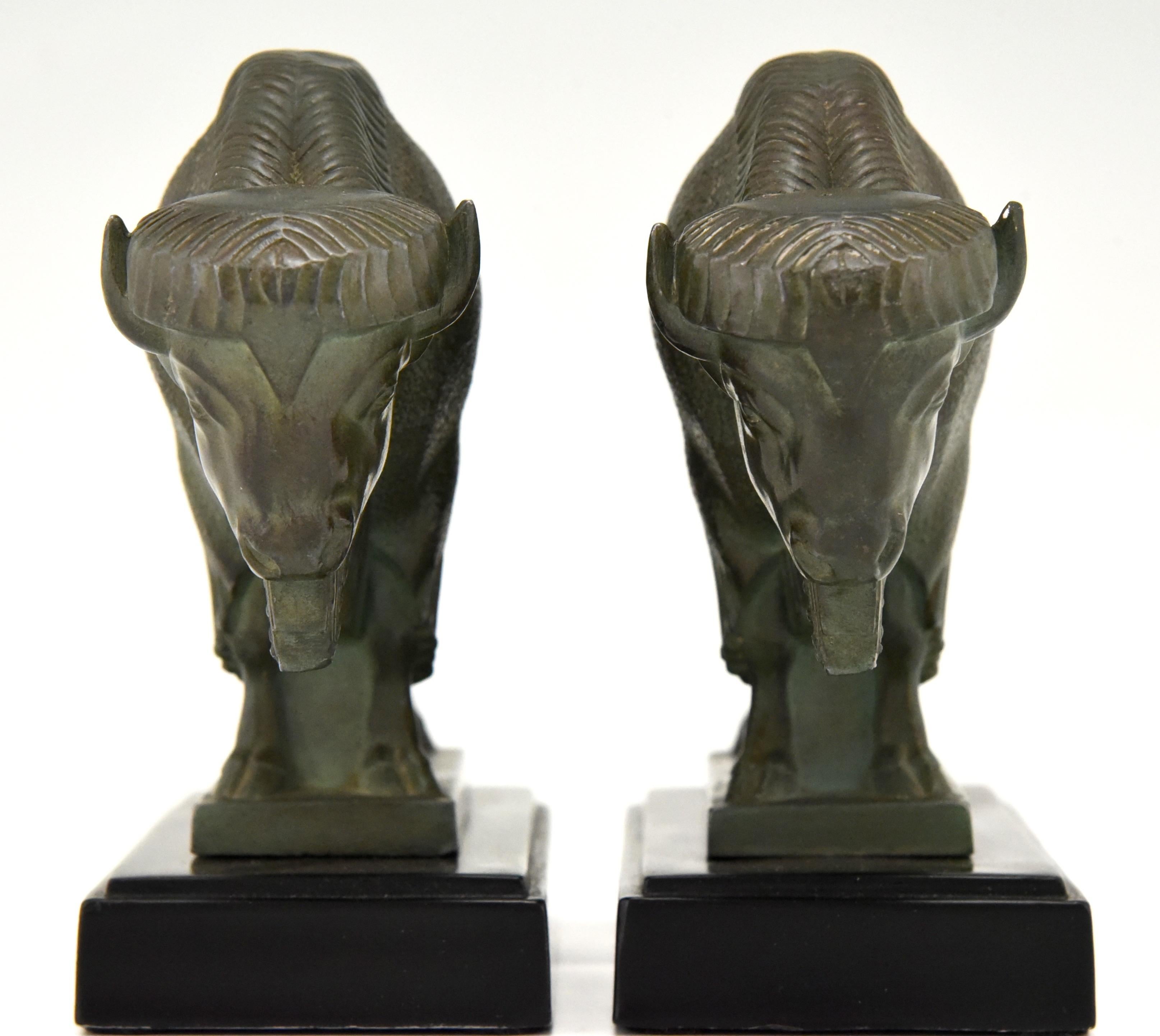 Patinated Art Deco Bison Bookends Max Le Verrier, France, 1930