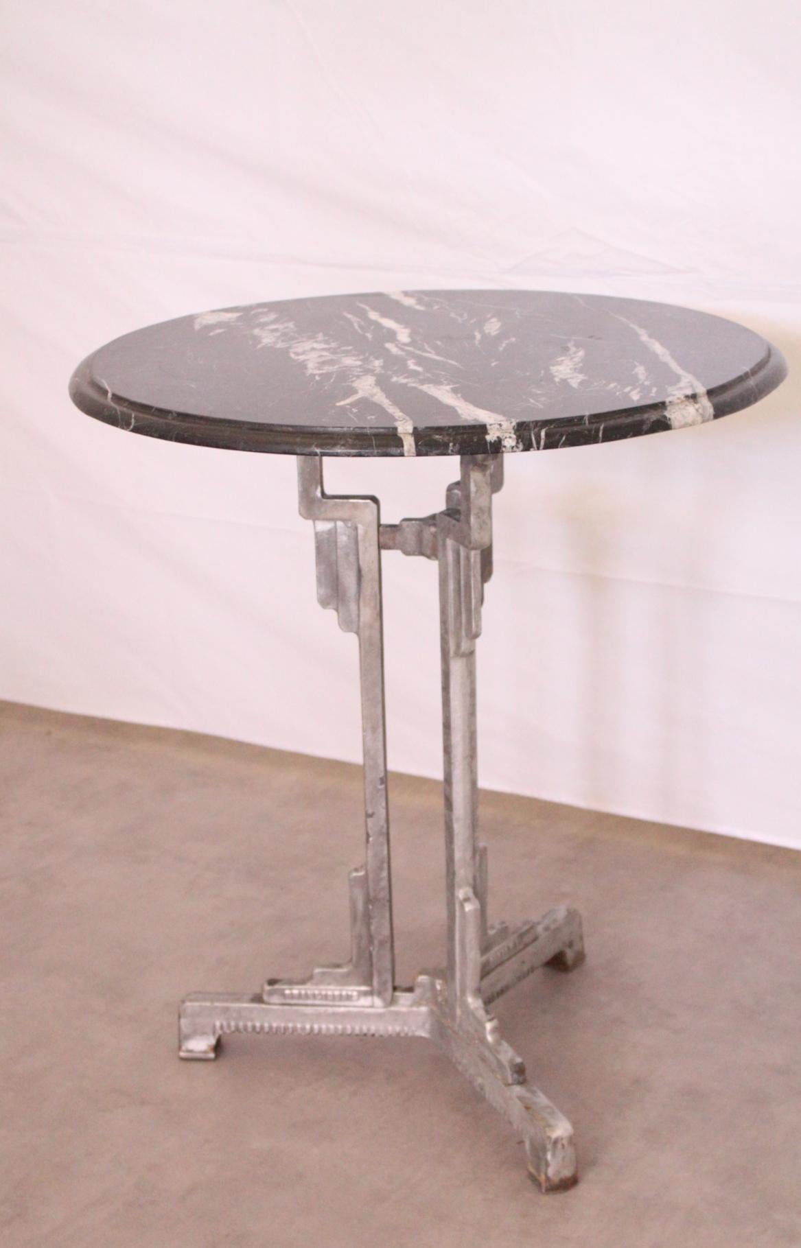 Art Deco Bistro Table Metal Base Charlionais Et Panassier Marble Top, circa 1930 In Good Condition In Labrit, Landes