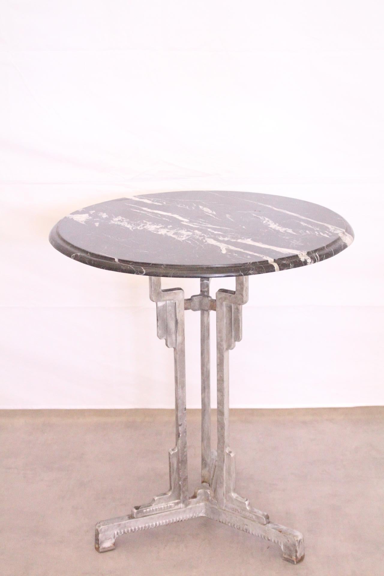 French Art Deco Bistro Table Metal Base Charlionais Et Panassier Marble Top, circa 1930