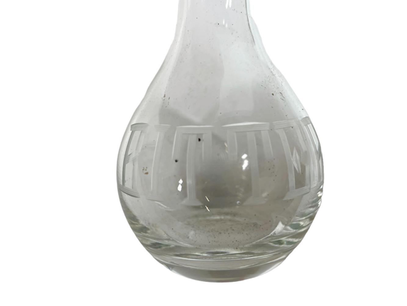 Art-Deco-Bitterflasche aus Klarglas mit Metall- und Korkentropfer, Radätzung 