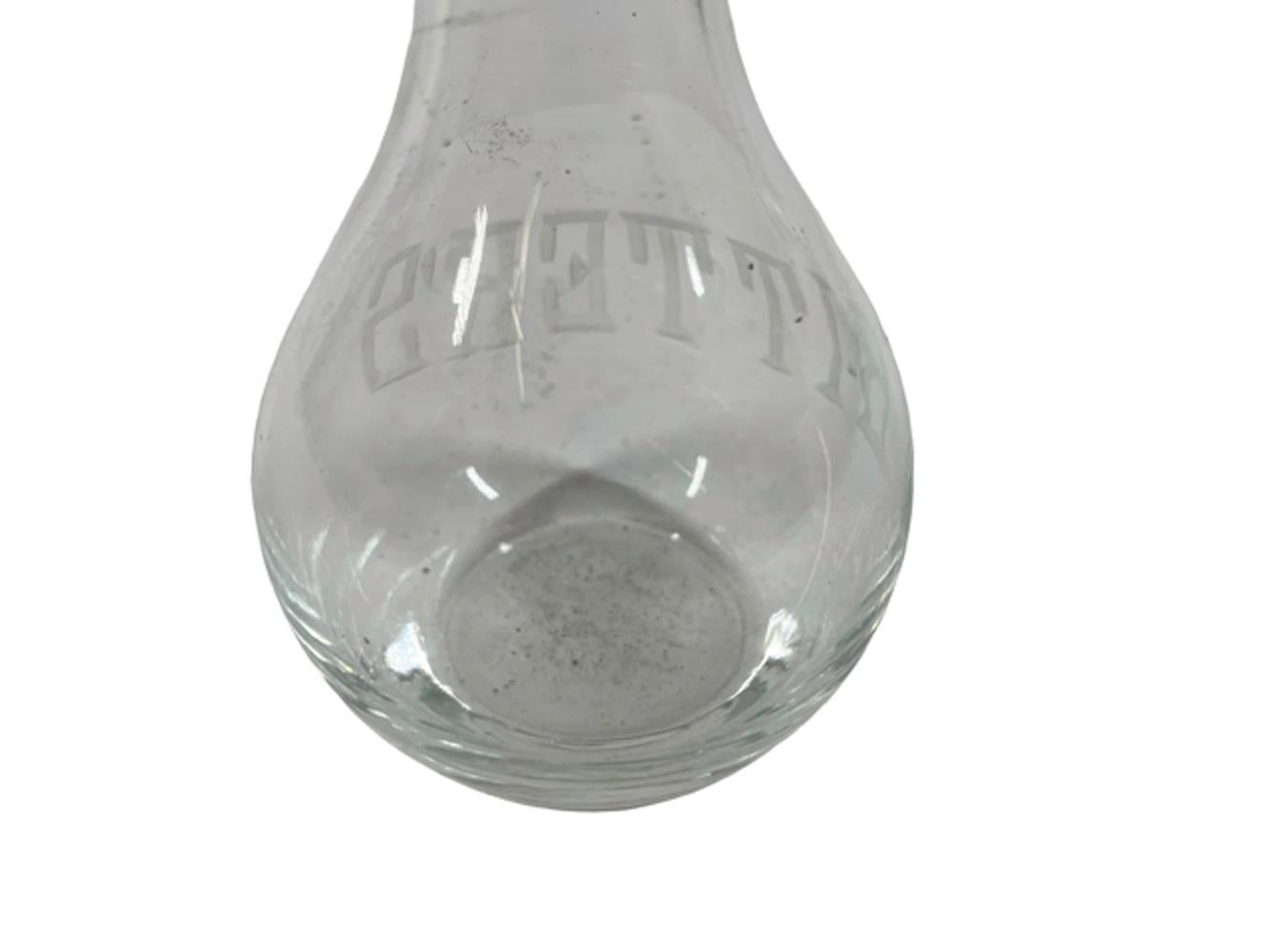 Art-Déco-Bierflasche aus klarem Glas, Rad, geätzter „BITTERS“ mit Metalltropfen (amerikanisch) im Angebot