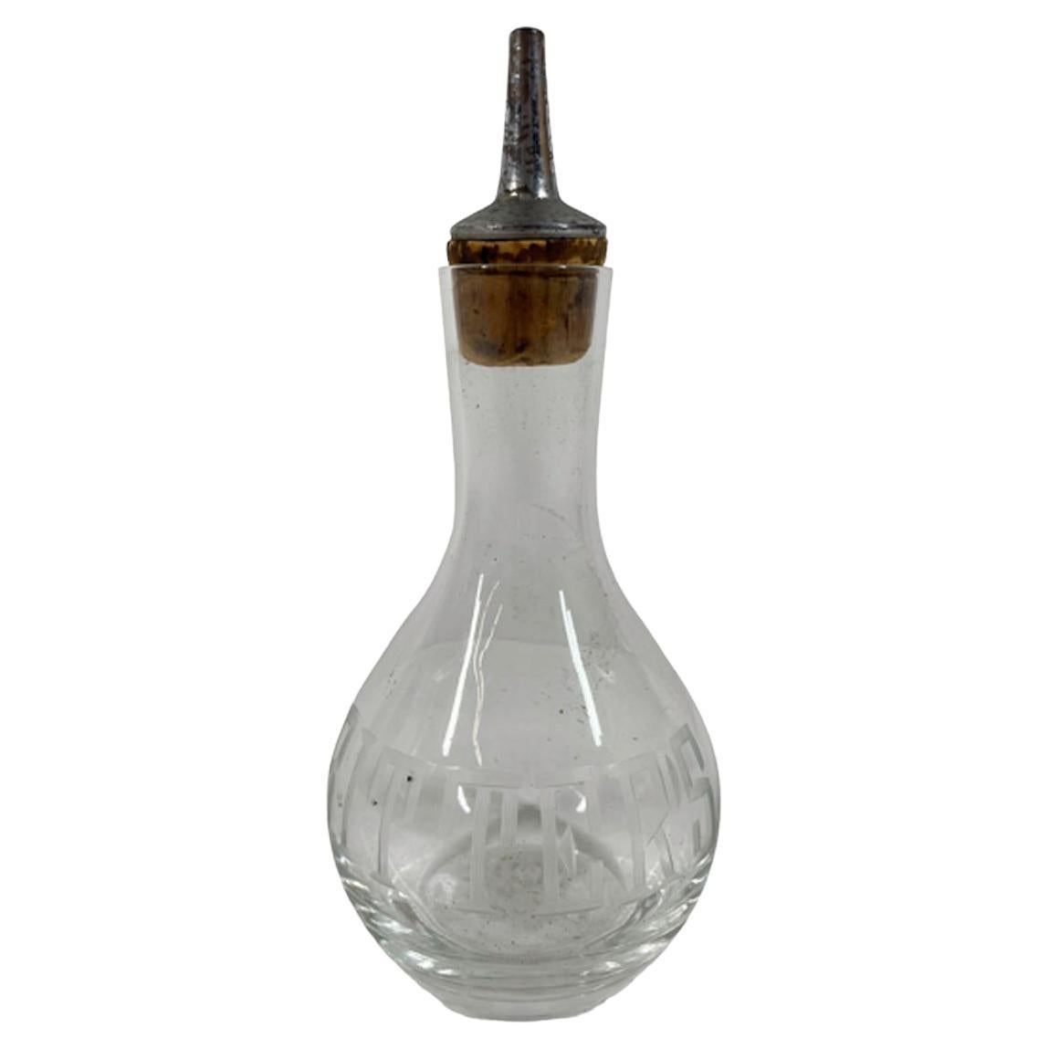 Art-Déco-Bierflasche aus klarem Glas, Rad, geätzter „BITTERS“ mit Metalltropfen im Angebot