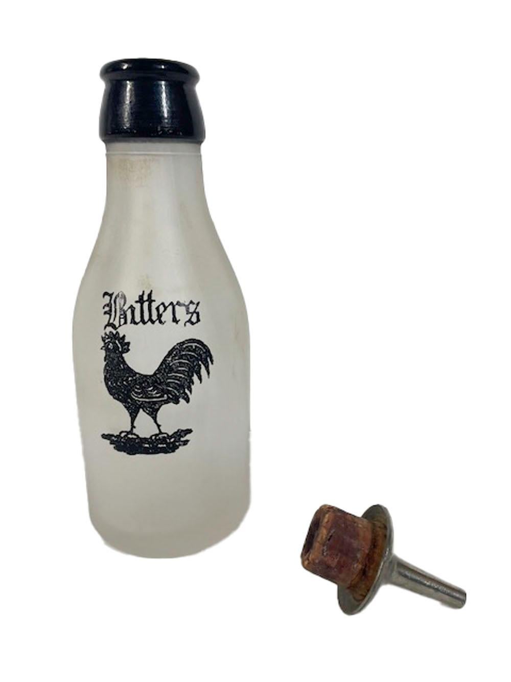 Art Deco frosted bar bottle for bitters with a black enamel collar, rooster and label 