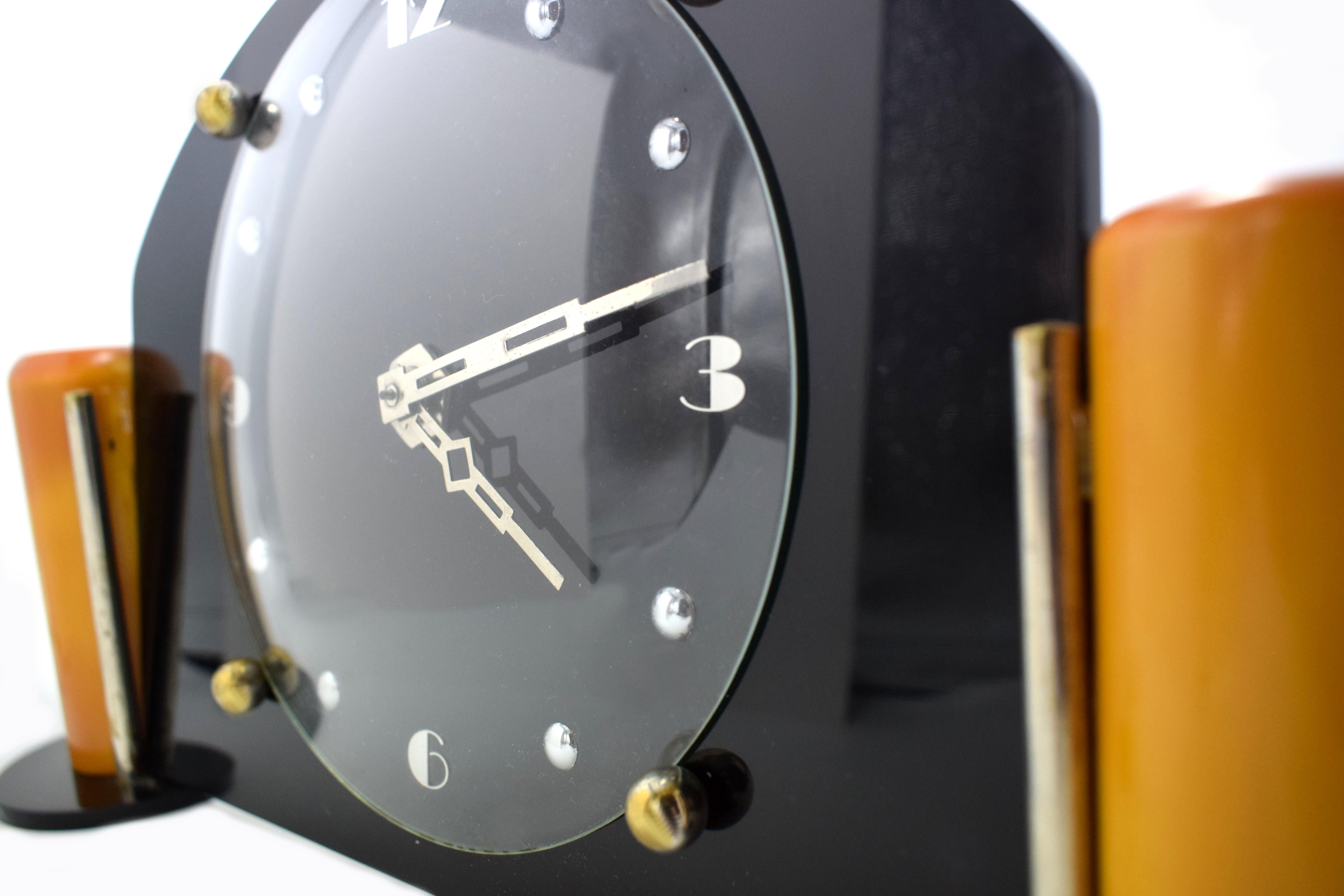 English Art Deco Black Acrylic and Catalin Bakelite 8 day Mantel Clock