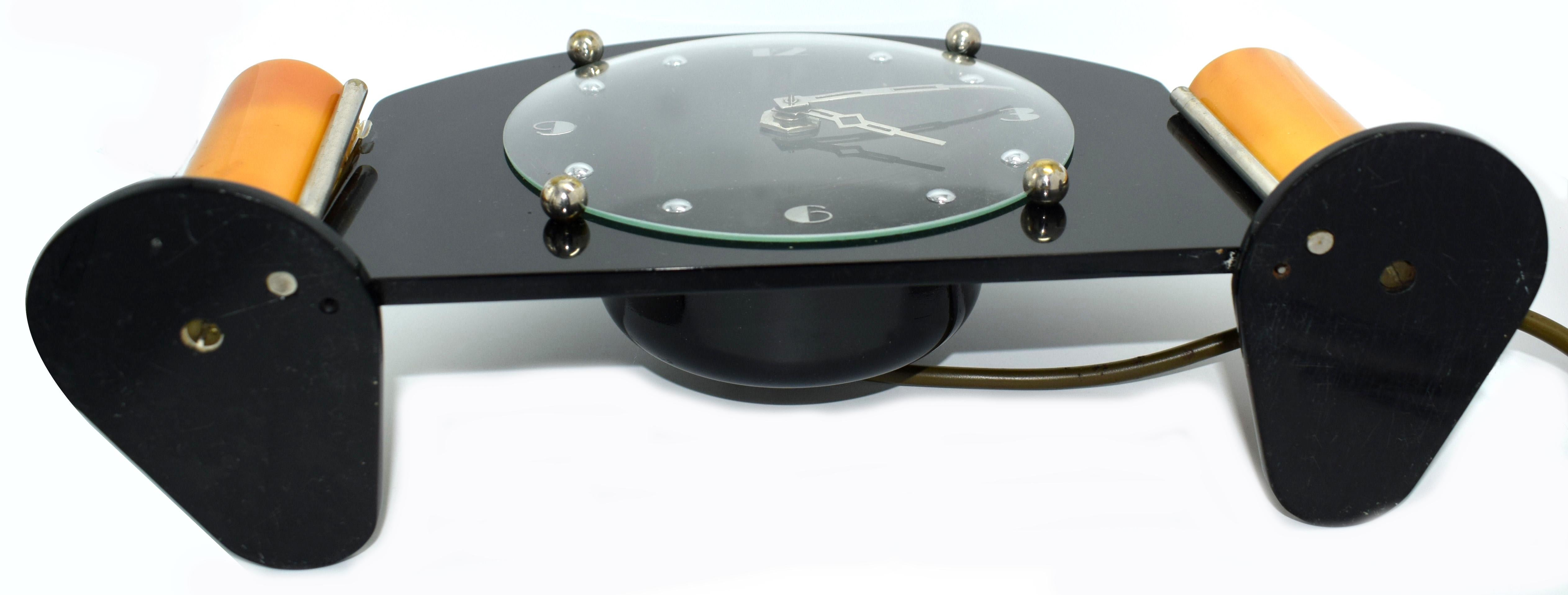 20th Century Art Deco Black Acrylic and Catalin Bakelite 8 day Mantel Clock