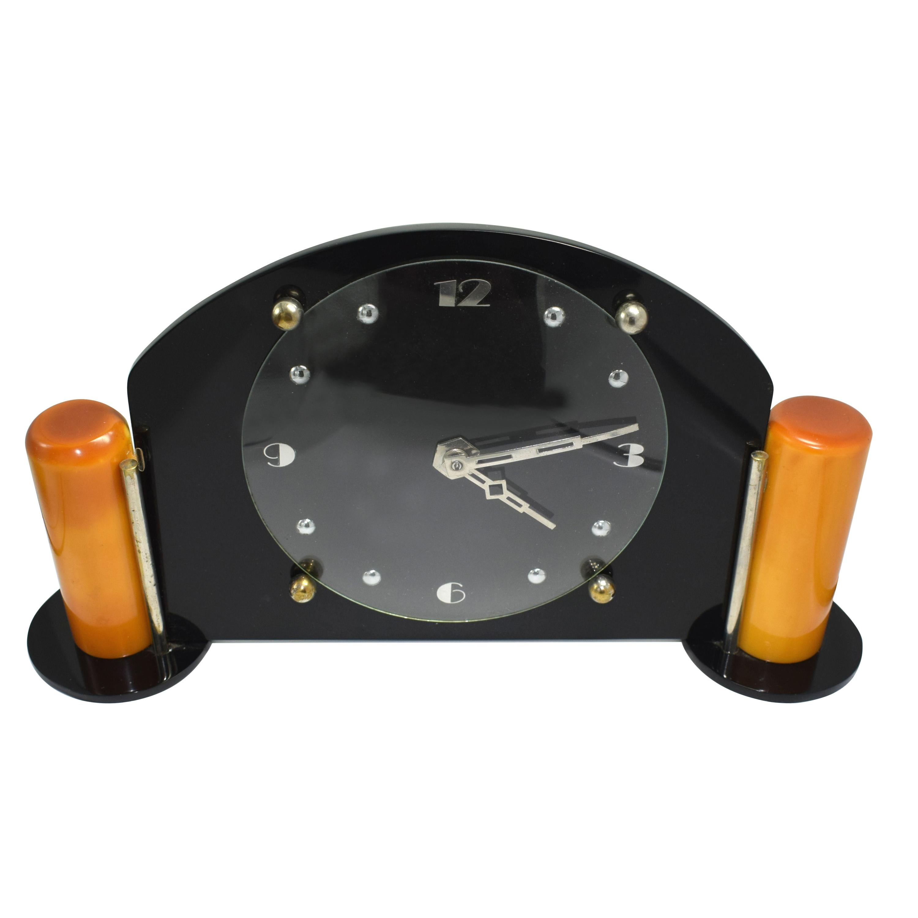 Art Deco Black Acrylic and Catalin Bakelite 8 day Mantel Clock