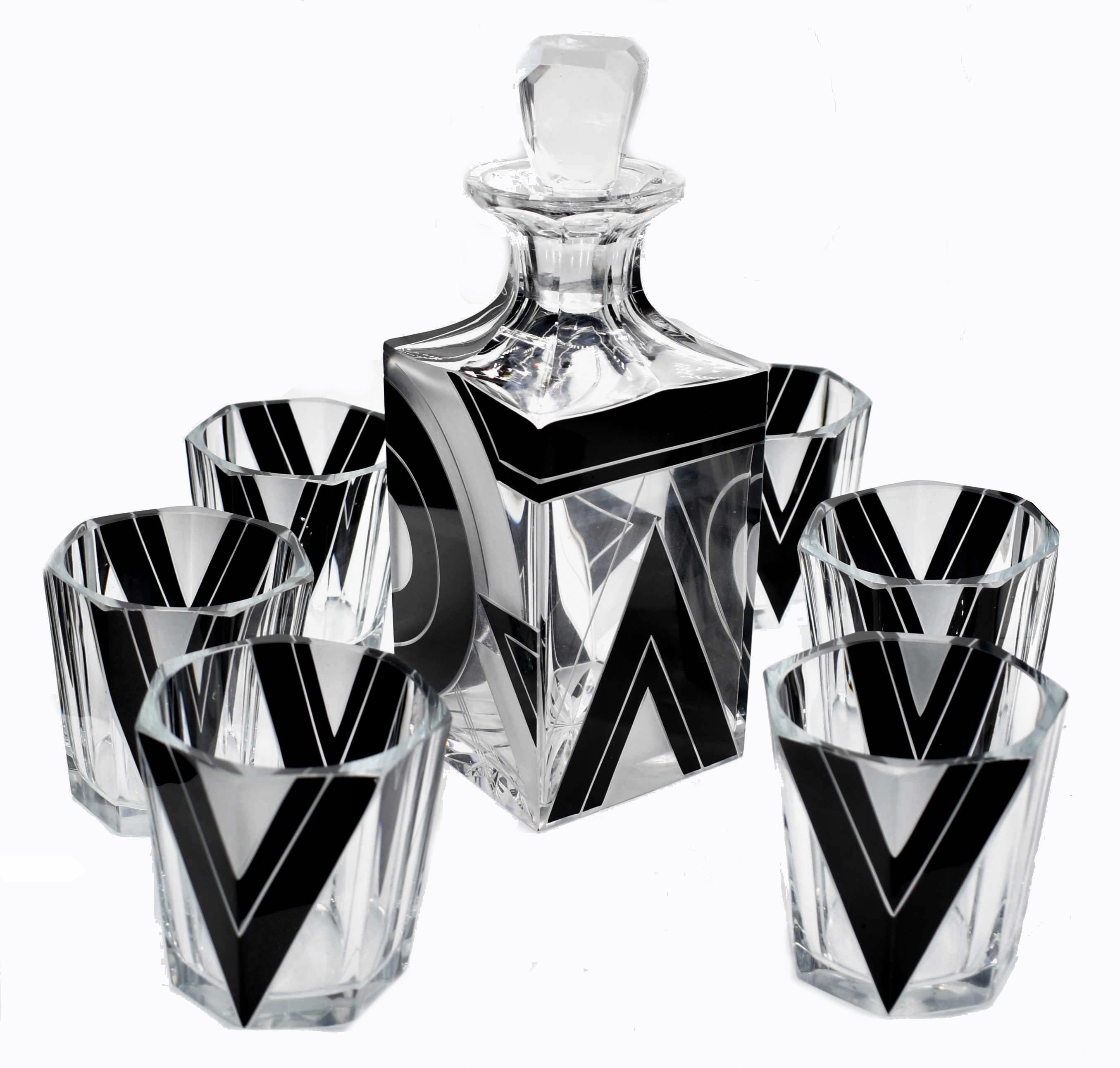 Art Deco Black and Clear Glass Whisky Decanter Set 4