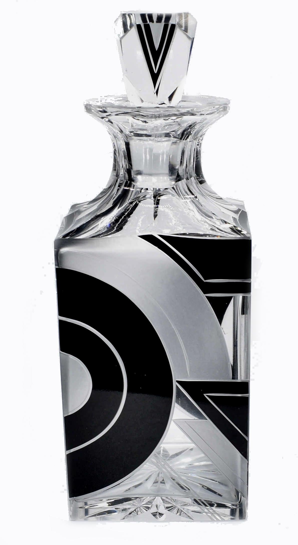 Wonderful high quality, very striking looking Art Deco Czech glass decanter set. Features a good sized decanter with stopped and six decent sized glass tumblers. The whole set is enamelled in jet black with etching to highlight the detailing and