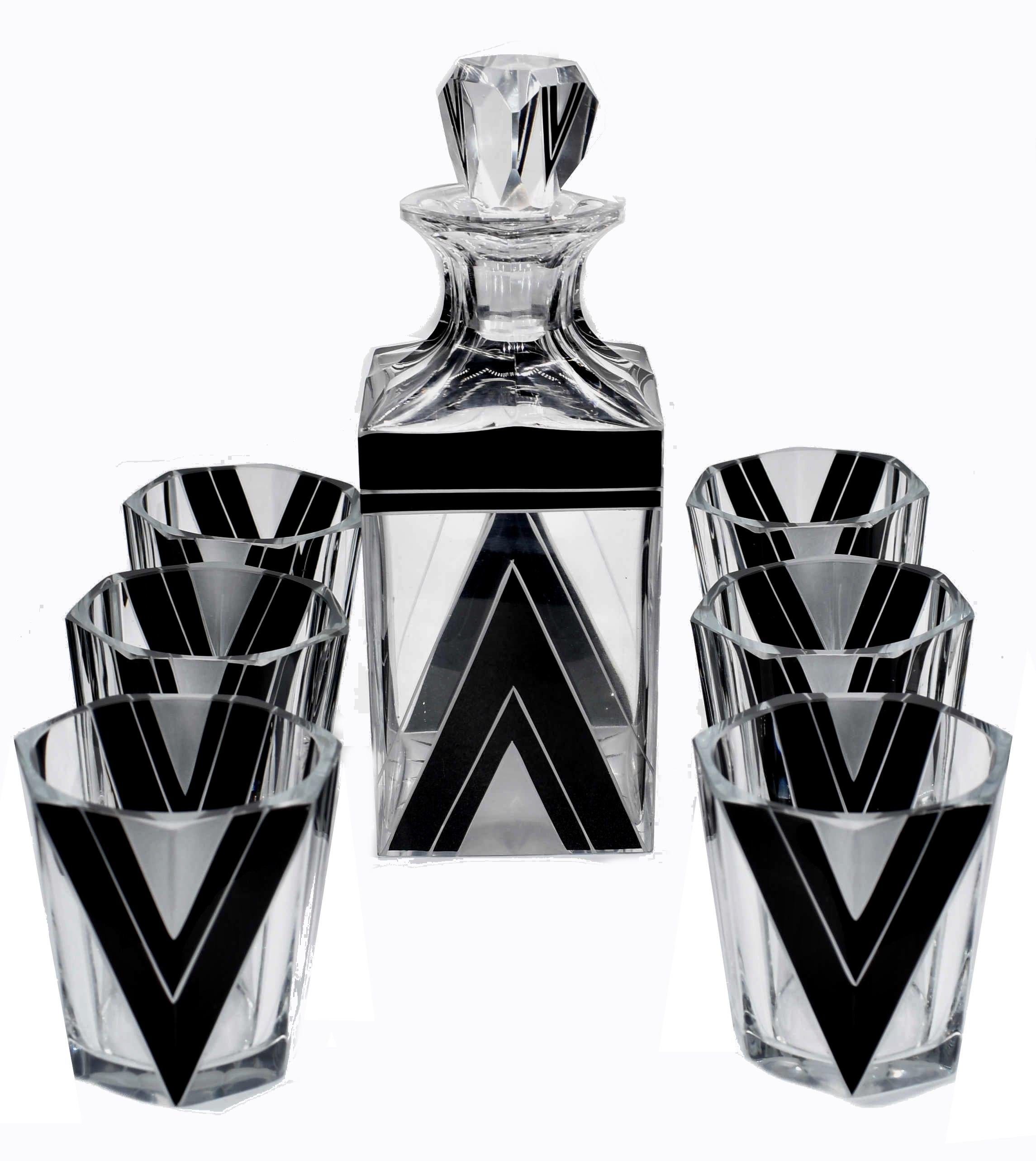 Art Deco Black and Clear Glass Whisky Decanter Set 3