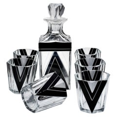 Retro Art Deco Black and Clear Glass Whisky Decanter Set