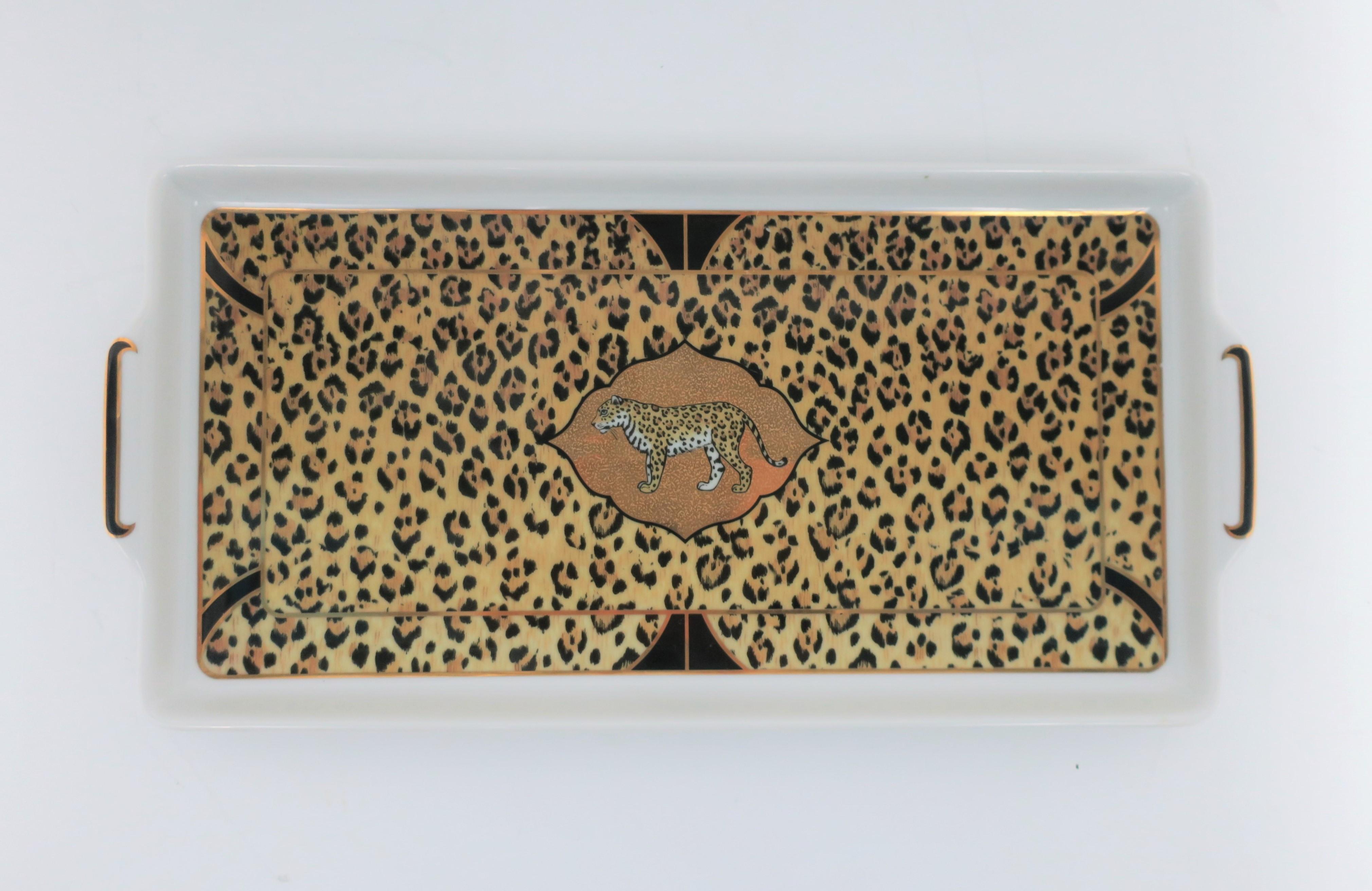 A beautiful '90s black and 24-karart gold designer Leopard tiger cat porcelain rectangular serving tray, circa late-20th century, 1994, in the Art Deco style, by Lynn Chase. Tray can be used in many ways; I'm showing it here as a vanity tray with