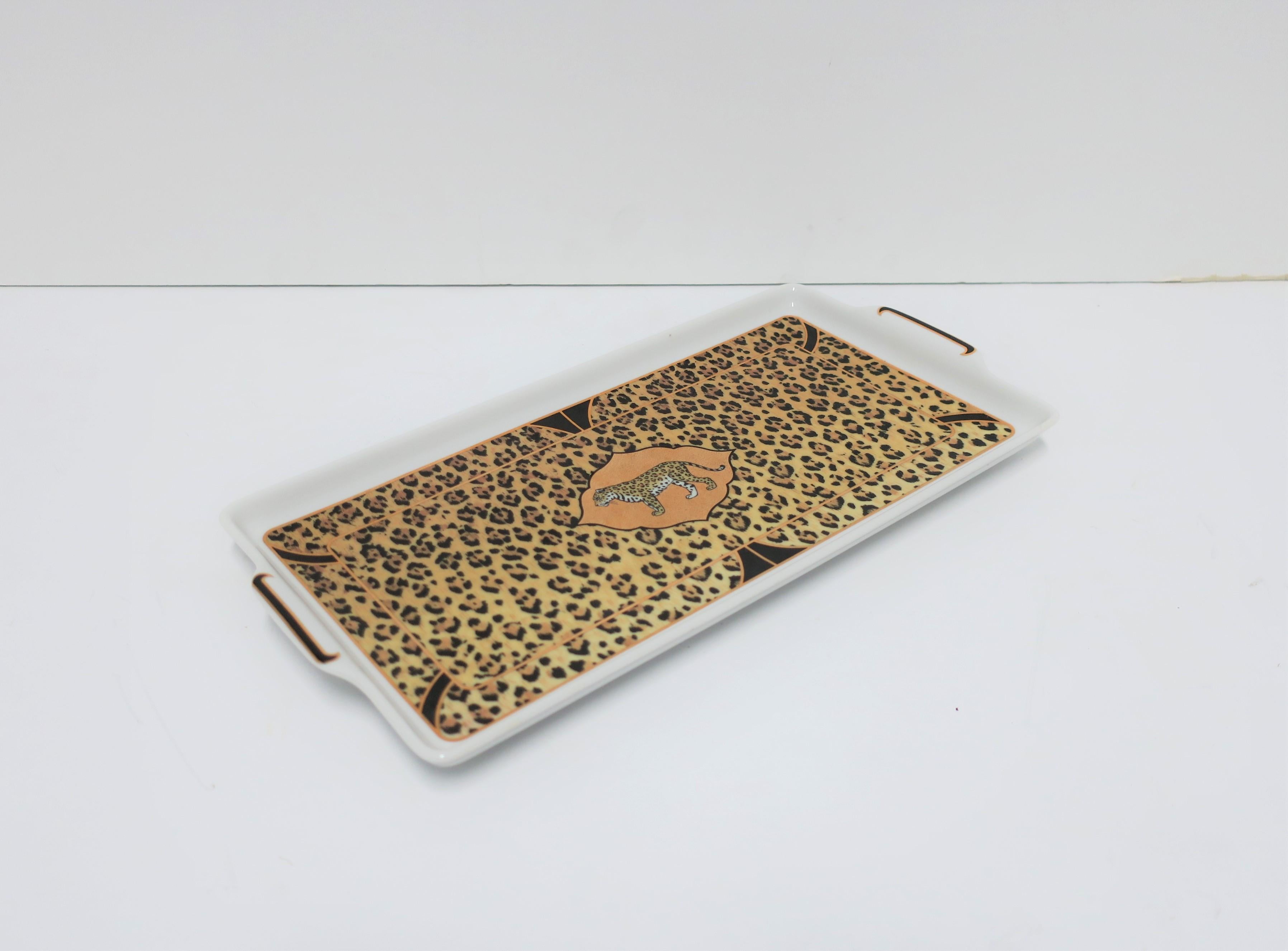 American Leopard Cat Porcelain Serving Tray in Black and Gold, circa 1990s For Sale