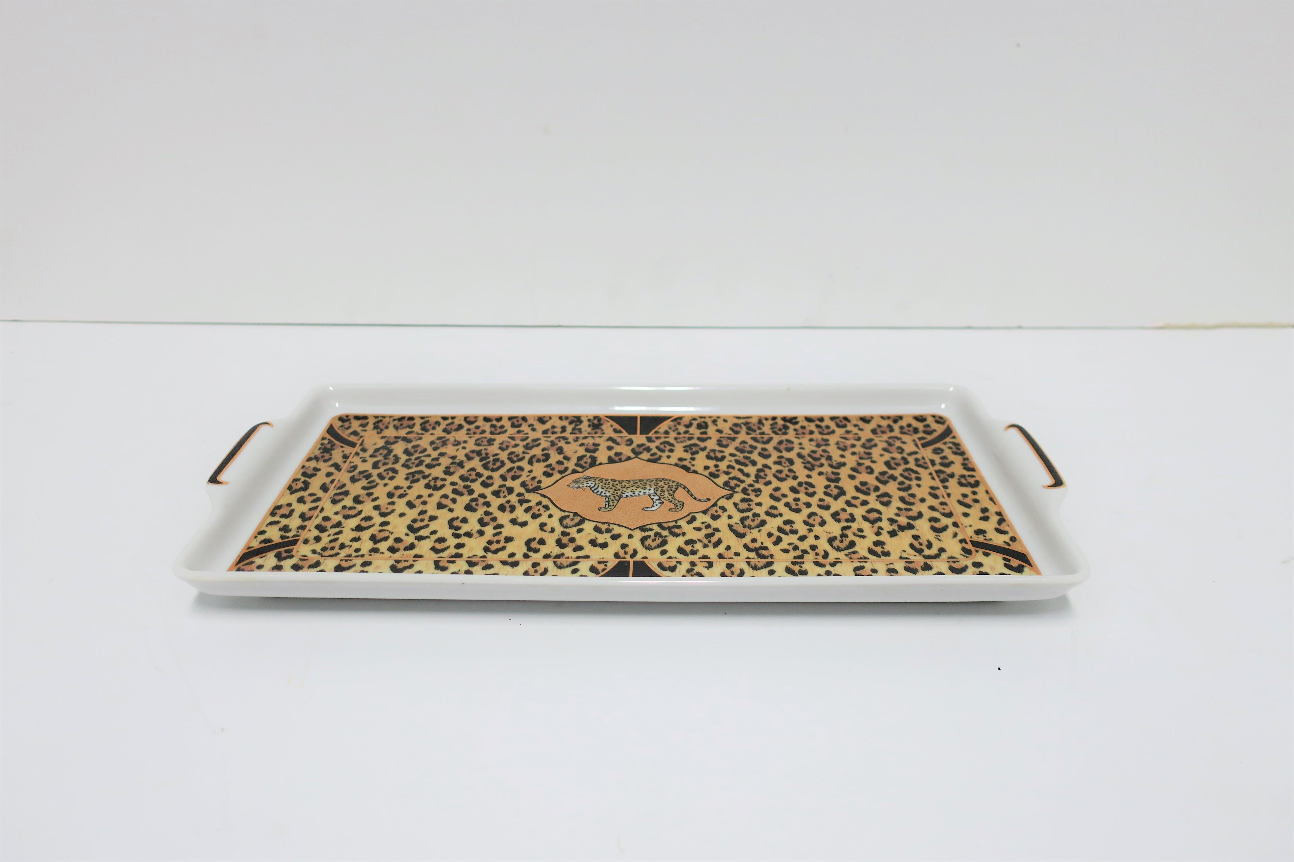 Glazed Leopard Cat Porcelain Serving Tray in Black and Gold, circa 1990s For Sale