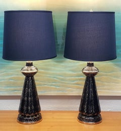 Art Deco Black and Gold Table Lamps with New Custom Shades - a Pair