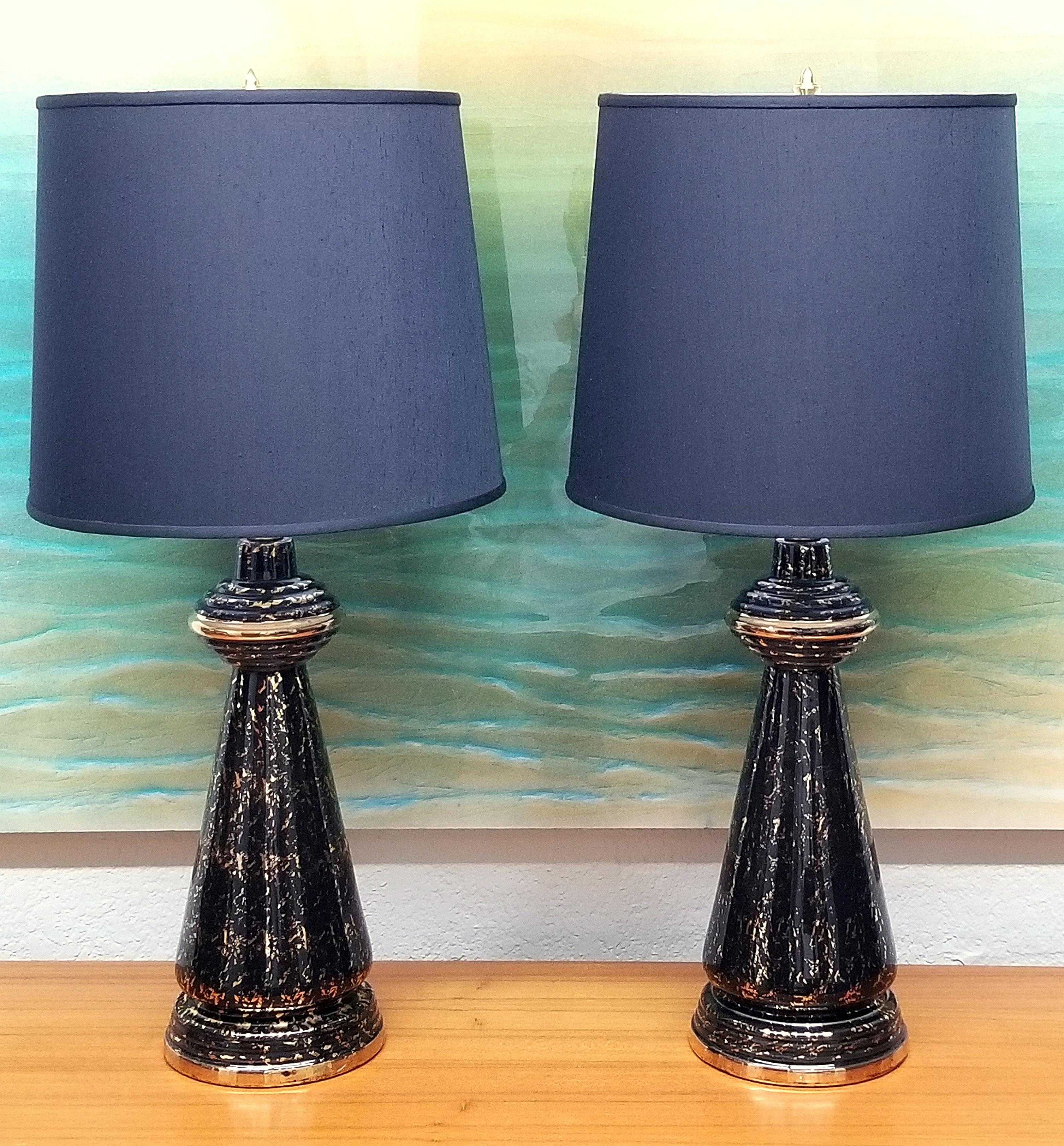 American Art Deco Black and Gold Table Lamps with New Custom Shades - a Pair For Sale