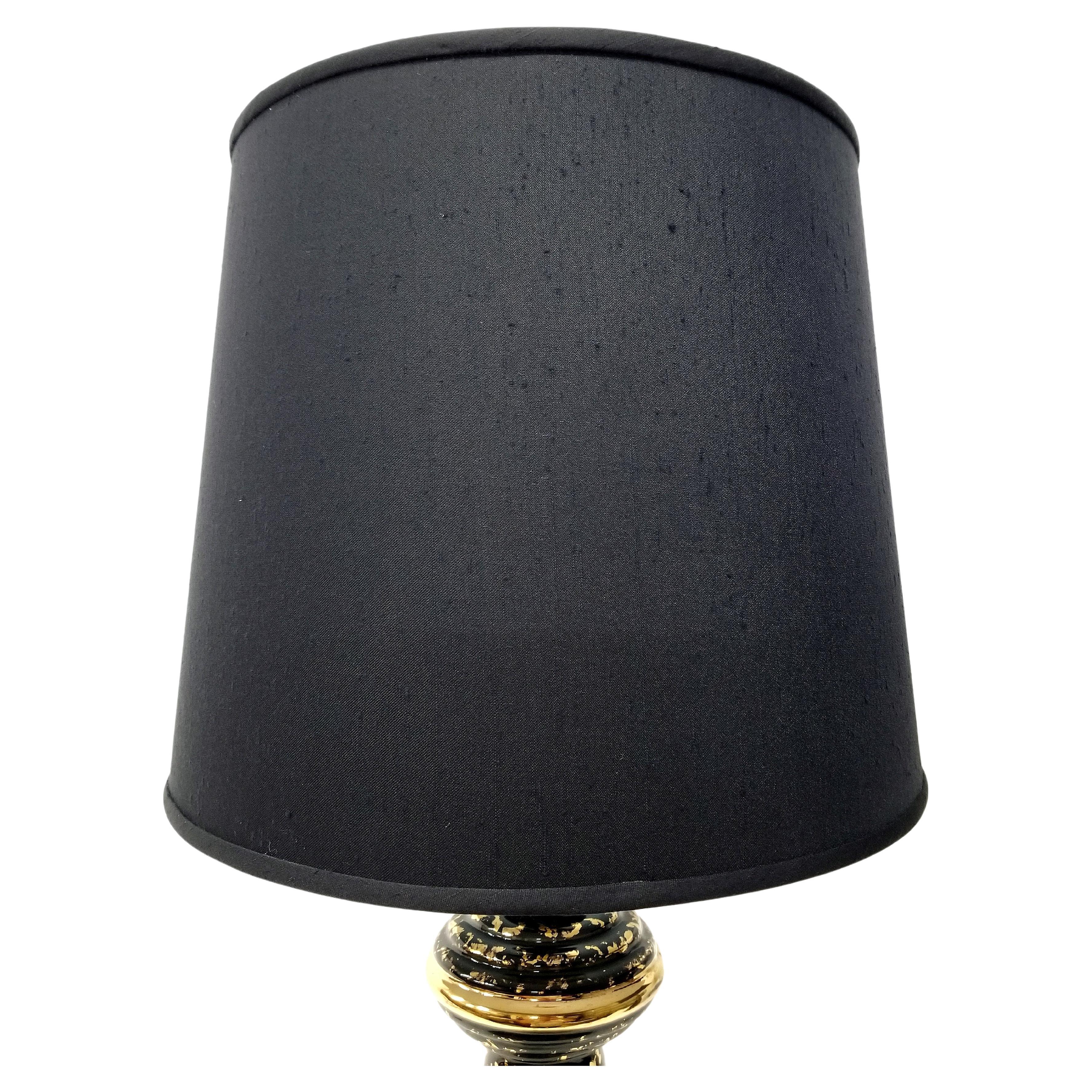 Mid-20th Century Art Deco Black and Gold Table Lamps with New Custom Shades - a Pair For Sale
