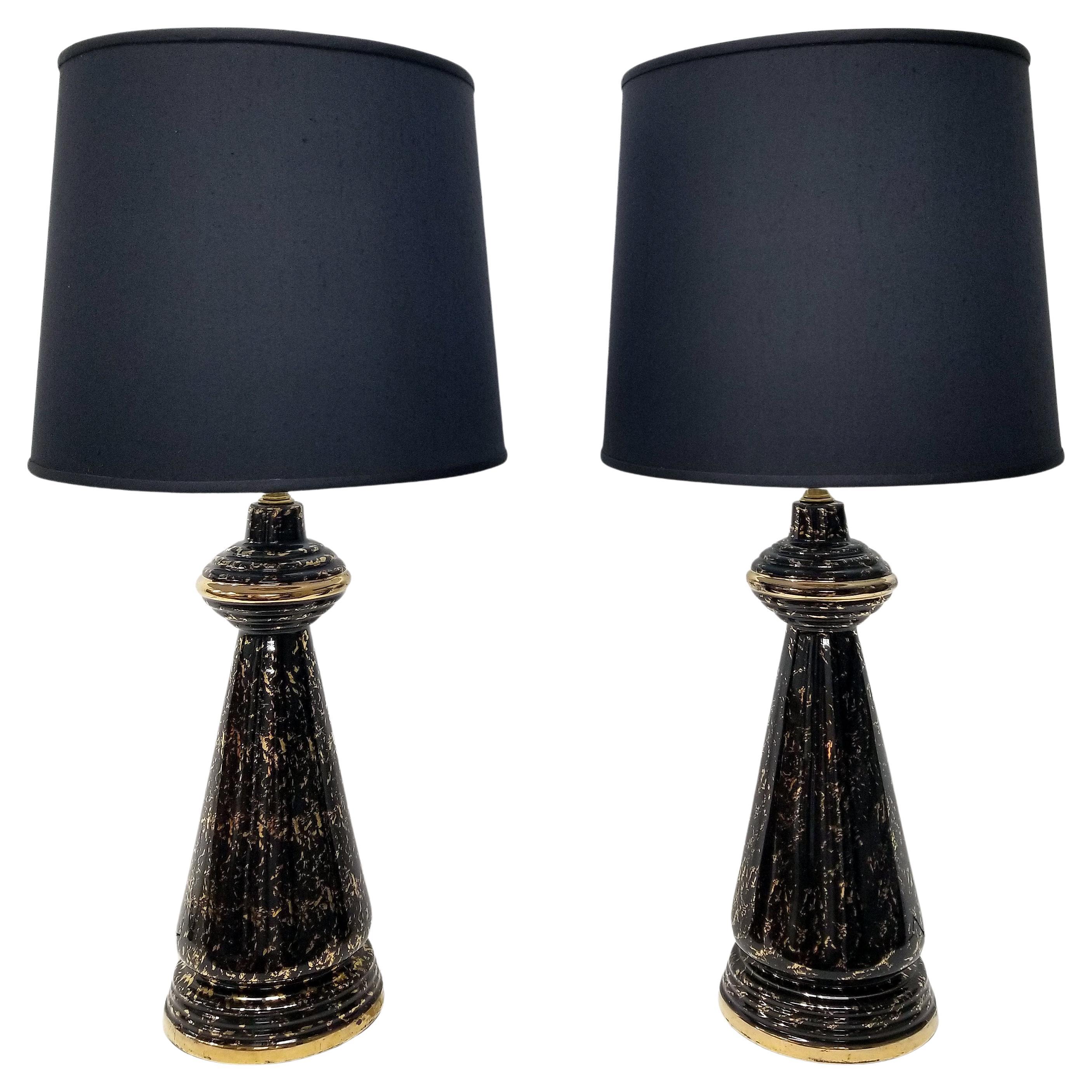 Art Deco Black and Gold Table Lamps with New Custom Shades - a Pair For Sale