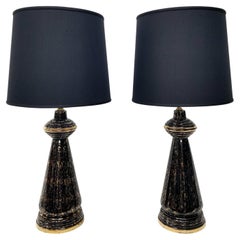 Art Deco Black and Gold Table Lamps with New Custom Shades - a Pair
