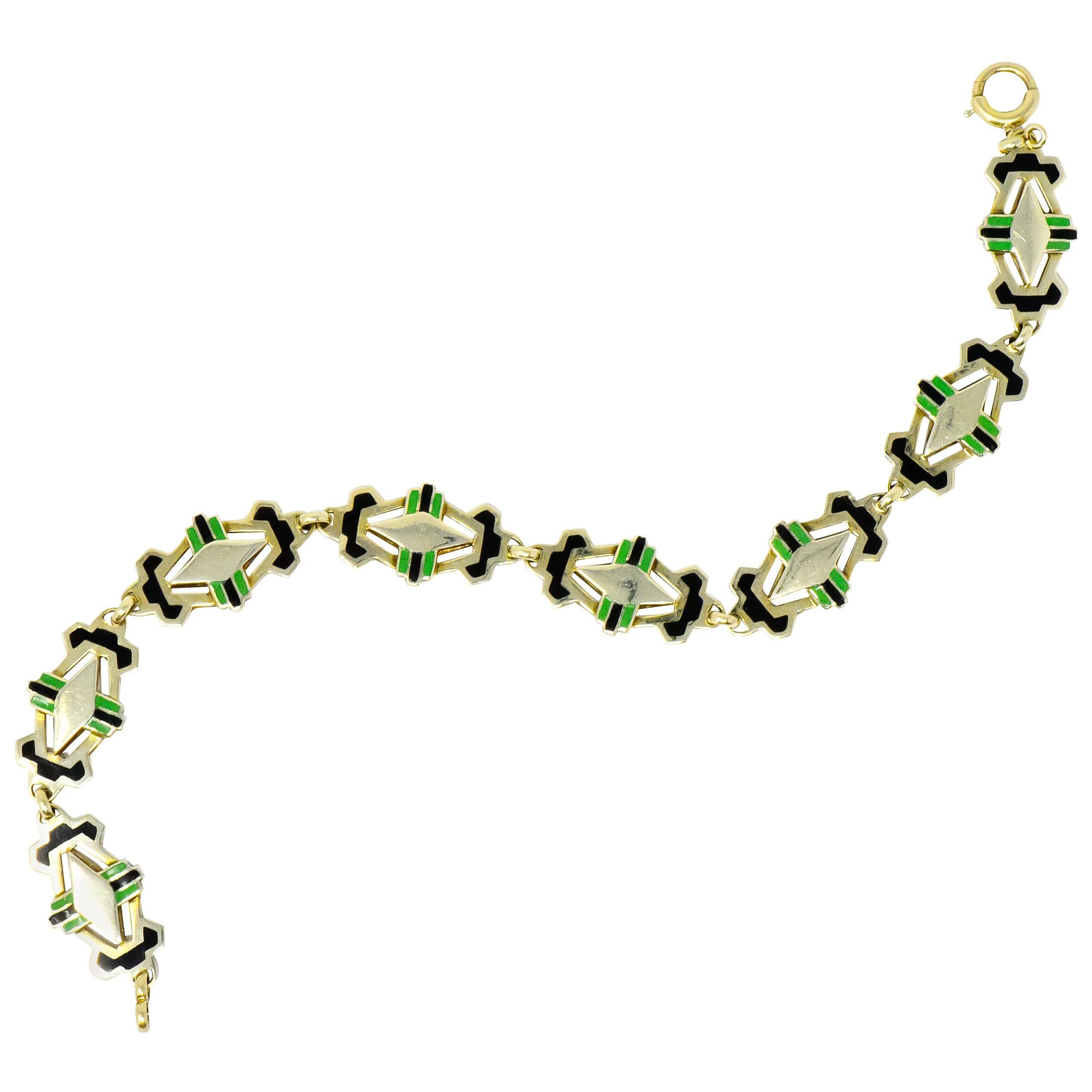 Art Deco Black and Green Enamel 14 Karat Gold Link Bracelet