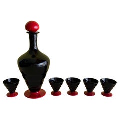 Art Deco Black and Red Murano Glass Liqueur Set, Decanter and 5 Glasses