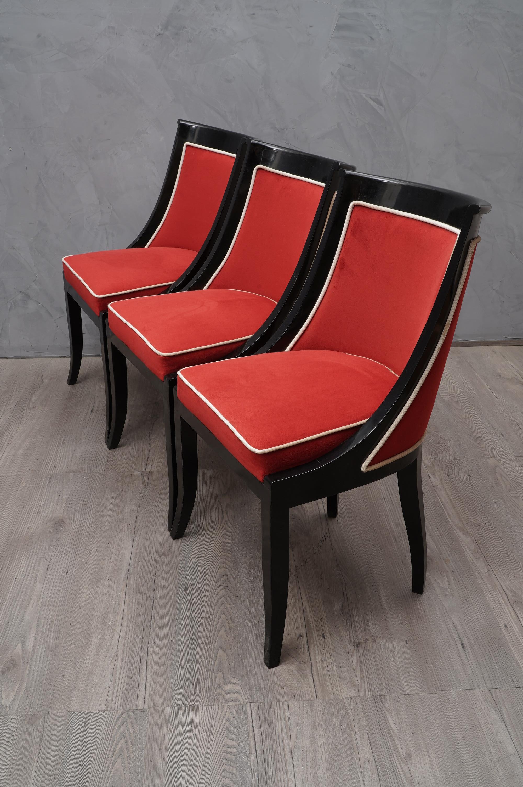 Art Deco Black and Red Velvet French Chairs, 1940 In Good Condition In Rome, IT