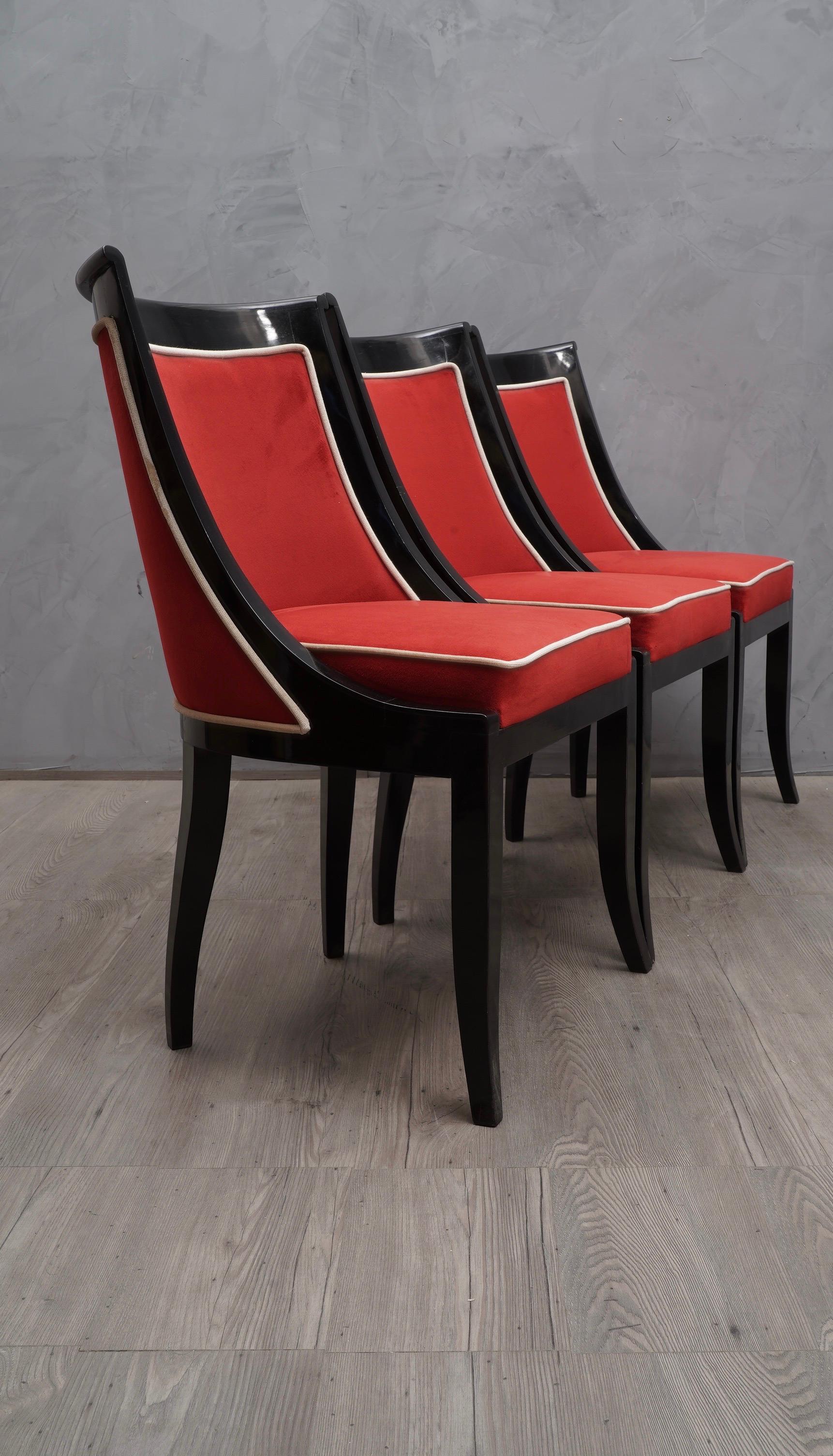 Art Deco Black and Red Velvet French Chairs, 1940 2