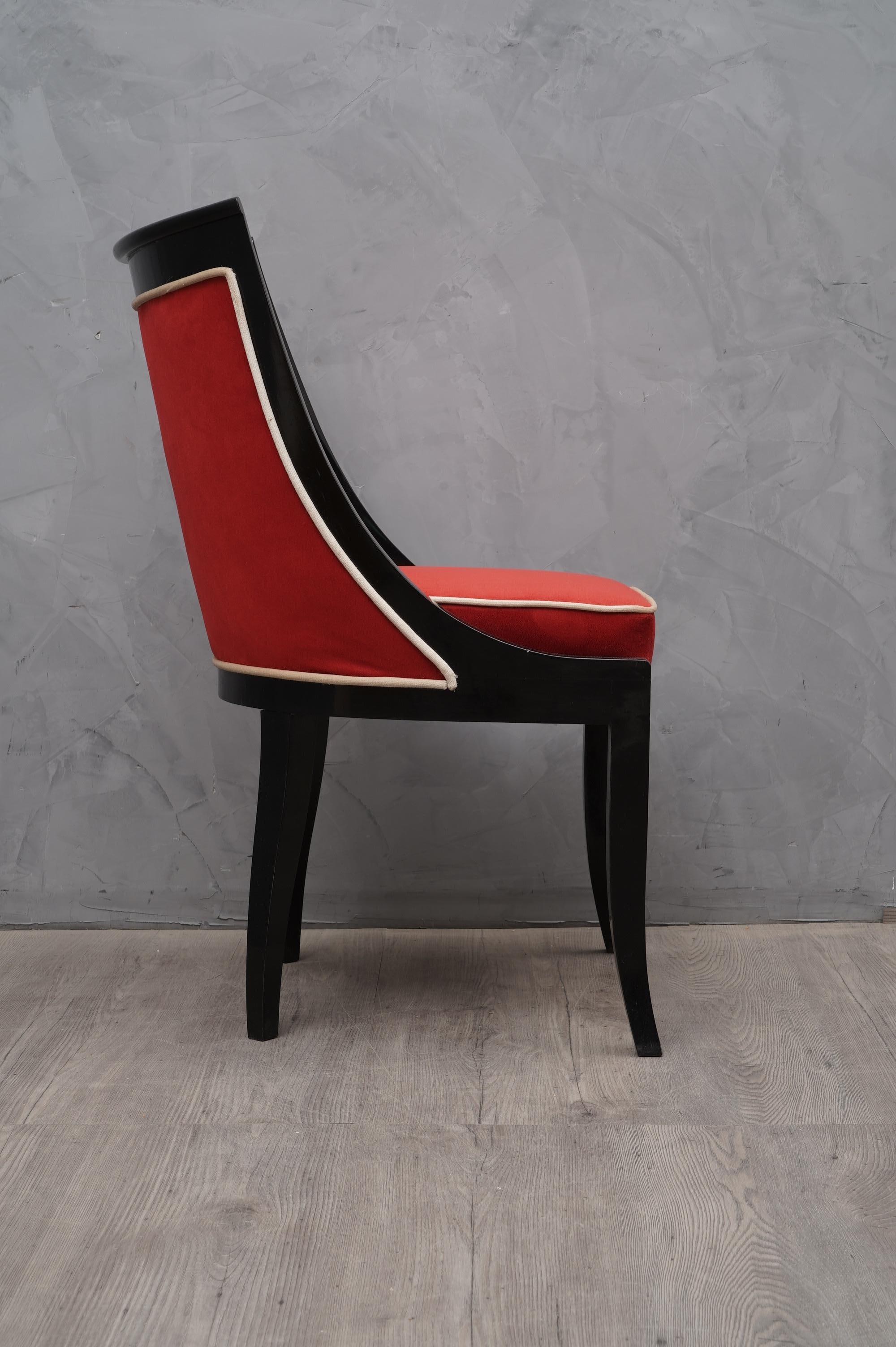 Art Deco Black and Red Velvet French Chairs, 1940 1
