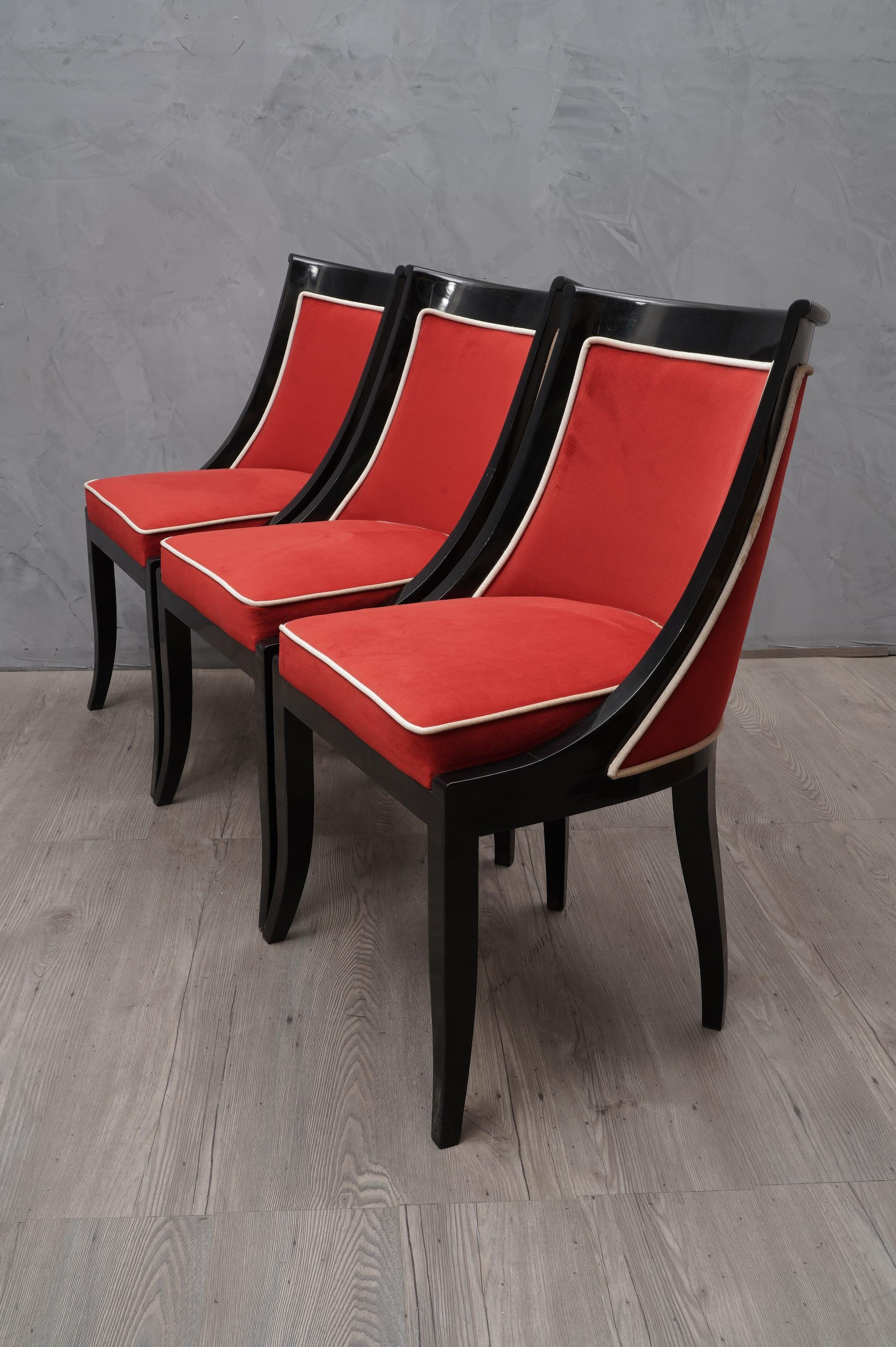 Mid-20th Century Art Deco Black and Red Velvet French Chairs, 1940